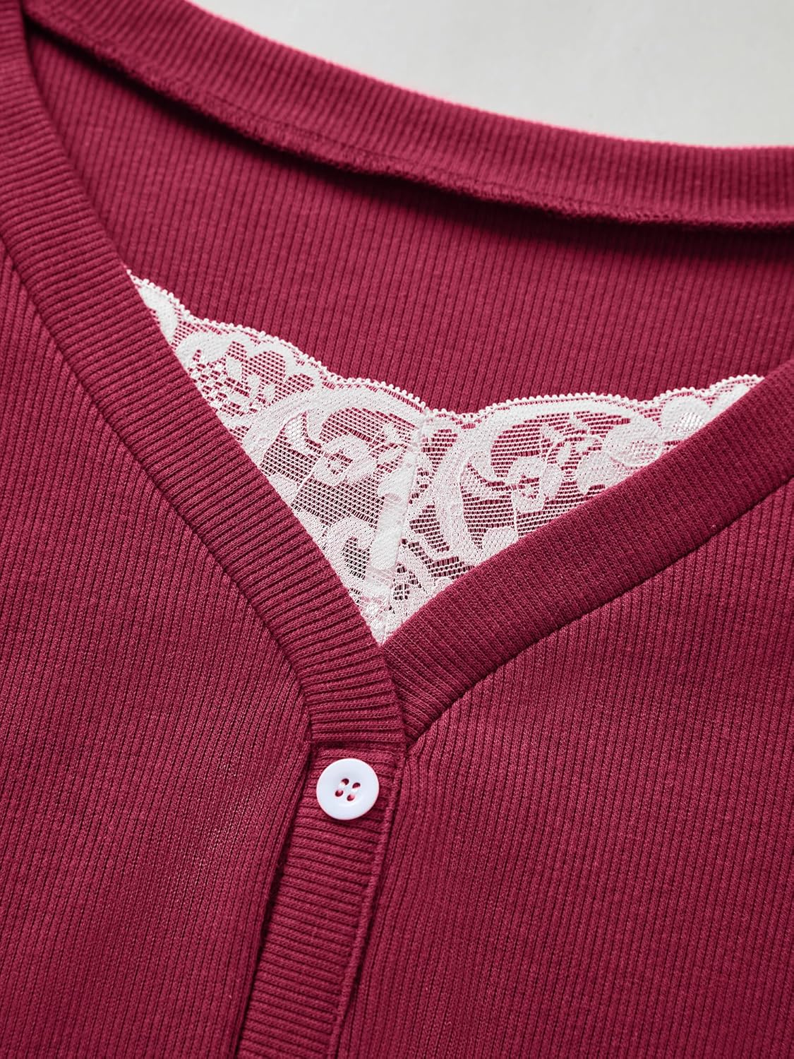 Womens Lace Long Sleeve Top Paneled Henley Shirts Y2k 2000s Fitted Going Out Tops Blouse - Image 4