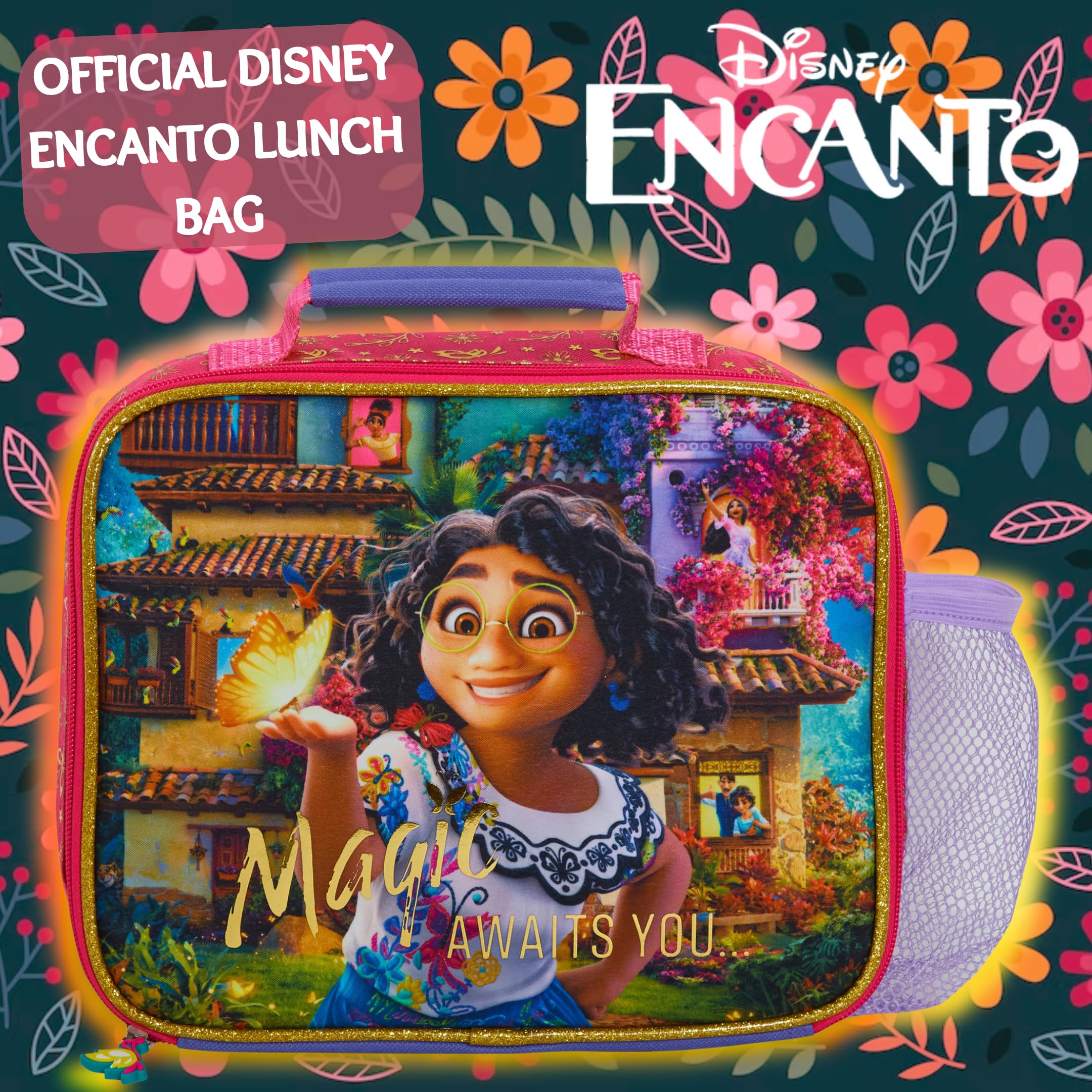Disney Encanto Lunch Bag with Bottle Holder Girls School Lunchbox Insulated Cooler Bag, Purple - Image 2