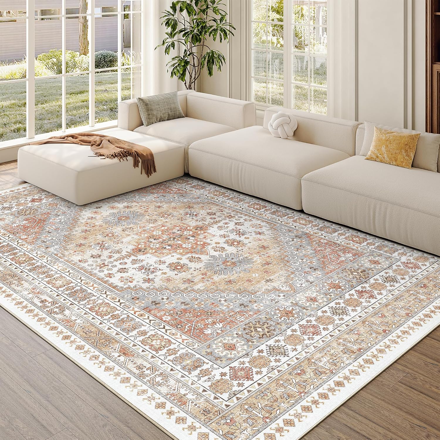 zesthome 5x7 Area Rugs - Ultra-Thin Washble Rug, Stain Resistant Anti Slip Backing Rugs for Living Room,Bedroom, Vintage Home Decor Area Rug (Orange,5'x7') - Image 4