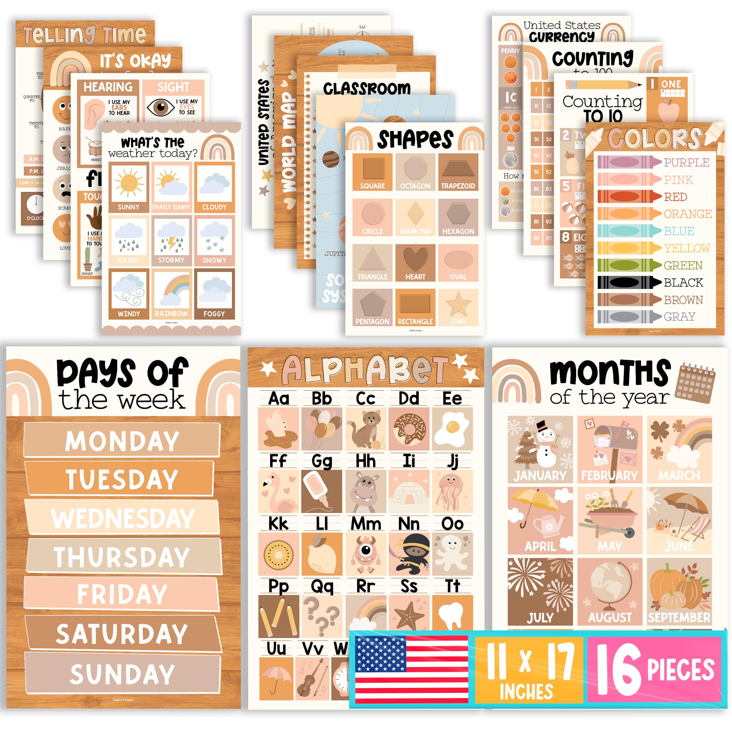 16 Boho Preschool Classroom Posters - Educational Posters For Toddlers 1-3, Toddler Learning Posters, Homeschooling Supplies, Alphabet Poster For Toddlers, Days Of The Week Poster For Kids Posters