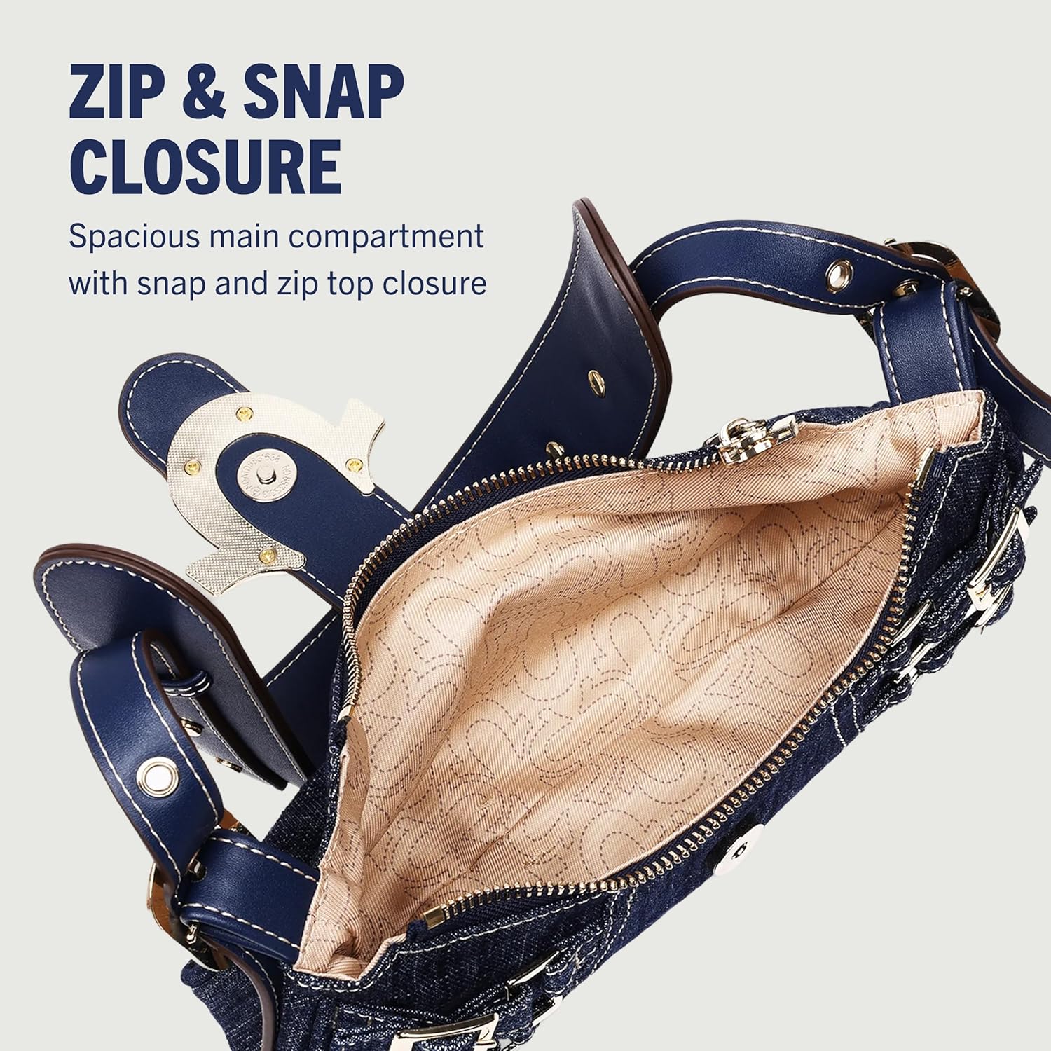 True Religion Denim Shoulder Bag, Everyday Purse with Adjustable Strap, Zip and Magnetic Snap Closure, Dark Denim