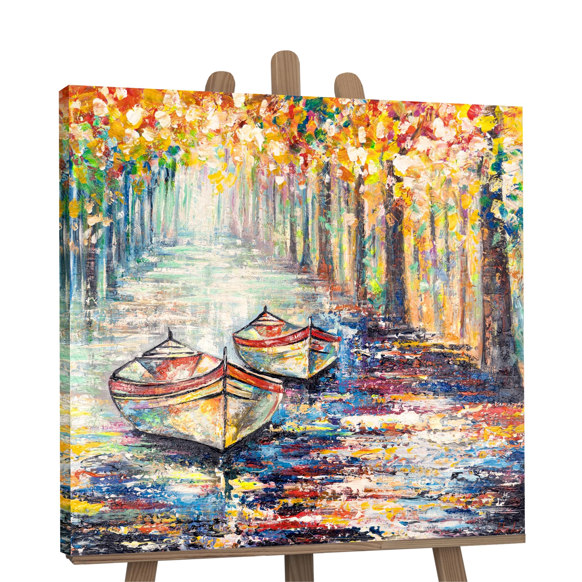 YS-Art Original Handmade Painting – Yellow Blue Boats on Lake, Impressionist Landscape, Acrylic Canvas with Texture, Interior Accent for Home or Office 35x35 inch