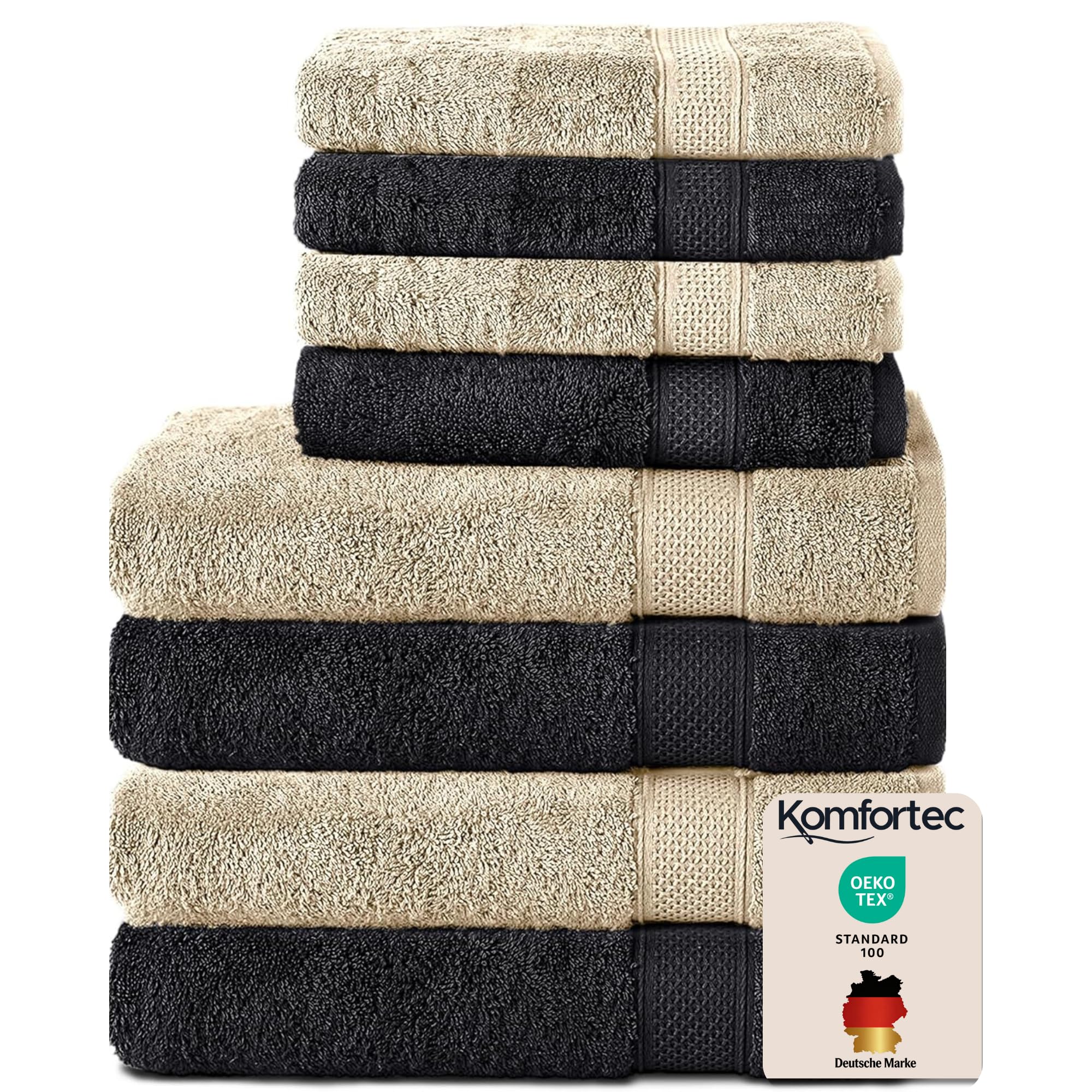 Komfortec Set di 8 asciugamani in 100% cotone, 4 teli da bagno 70 x 140 e 4 asciugamani da 50 x 100 cm, spugna, morbido, Towel, grande, nero/beige