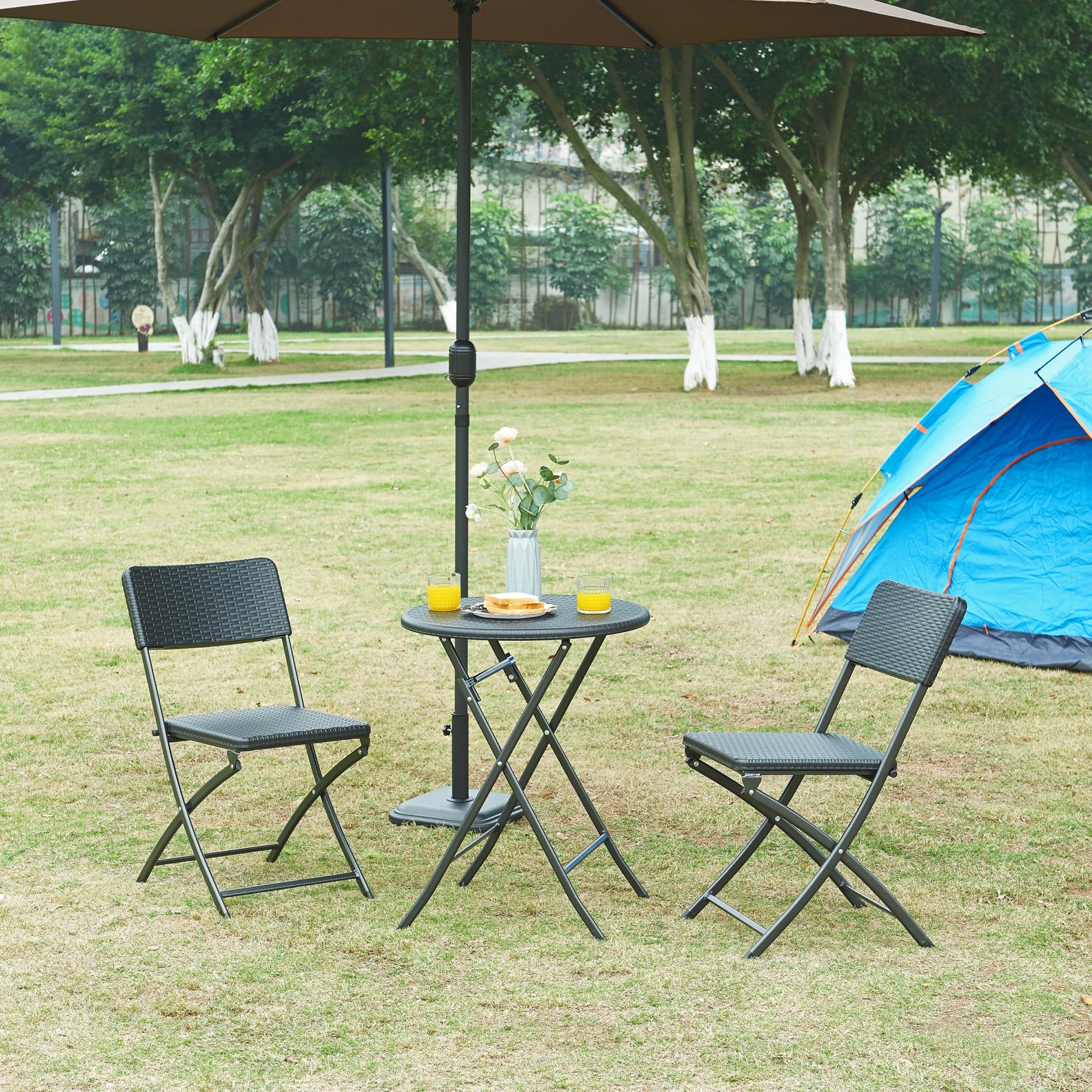 [en.casa] pro.tec składany stół piknikowy Camping przenośny stół do użytku na zewnątrz metalowa rama i blat plastikowy stół Ø60 x 74 cm czarny efekt rattanu