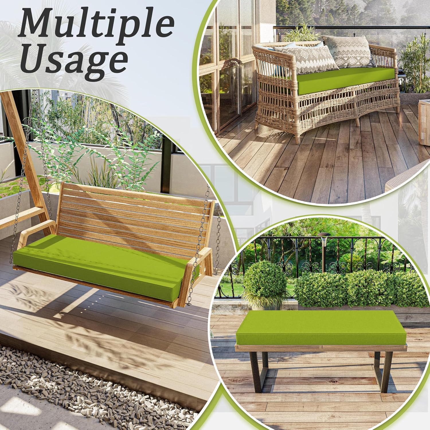 Outdoor Bench Cushion 48 X 18 X 3.5 Inch Thick Waterproof Patio Furniture Cushions, Patio Porch Swing Replacement Seat Pad with Tie Straps and Anti-Slip, for Backyard Garden, Grass Green
