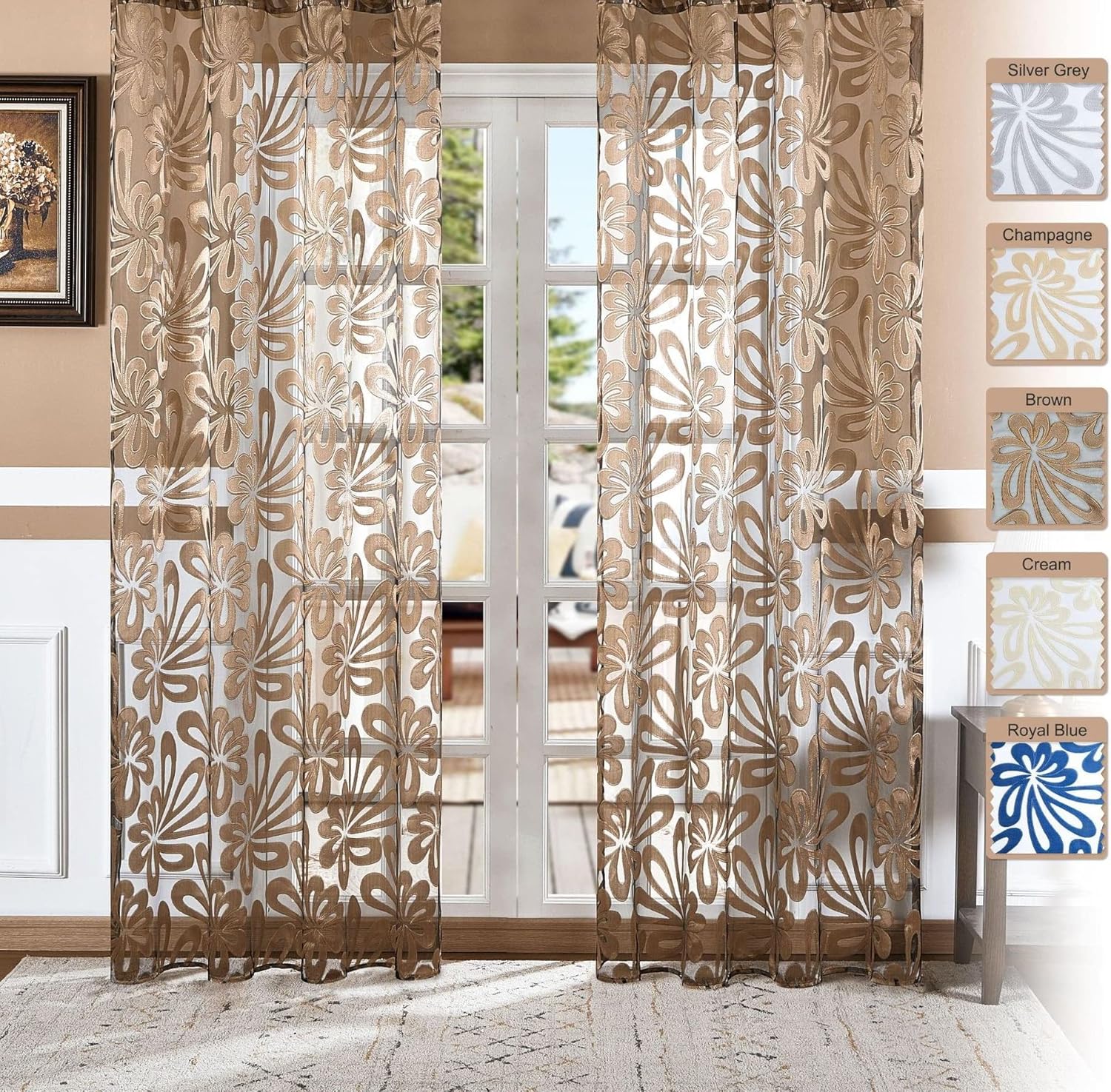 Sheer Curtains Glass Yarn European Palm Jacquard Shade Basic Rod Pocket Top Style Beautiful Voile Panel for Living Kids Baby Room Bedroom(1 Panel, W 52 x L 95 inch, Blue)