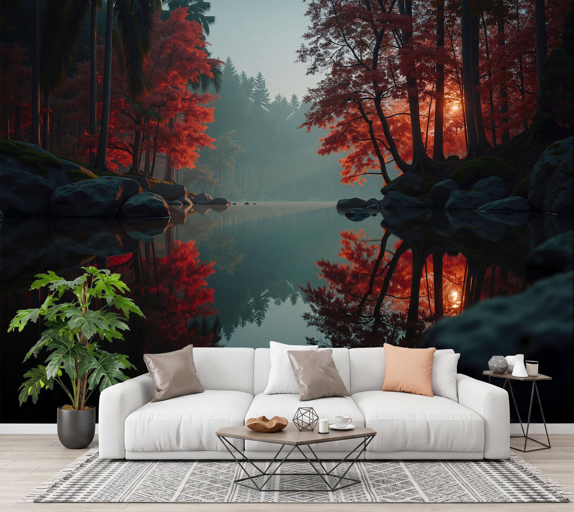 CECE&COLE Waldlandschaft Panorama-Tapete Orangerot | 400×280 CM, Seide, Ahornwald Stilles Wasser Sonnenuntergangsglühen XXL-Poster, Wanddeko für Schlafzimmer, Wohnzimmer
