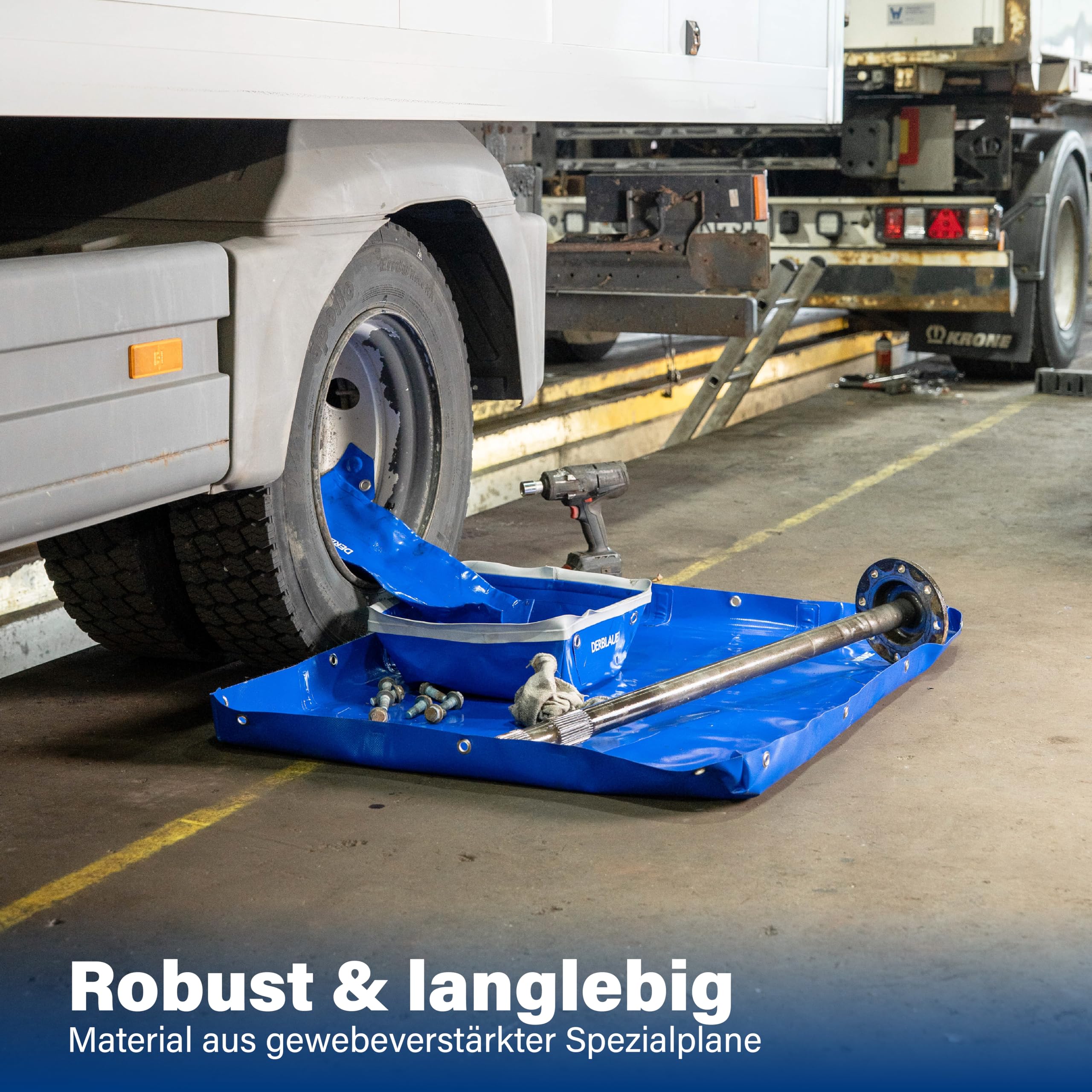 DerBlaue® Unterlegwanne – Faltbare Schutz- und Auffangwanne für SHK, Werkstatt & Baustelle, robuster Auslaufschutz für Schmutzwasser und Öl, Werkzeugablage & Umgebungsschutz (110 cm x 85 cm)
