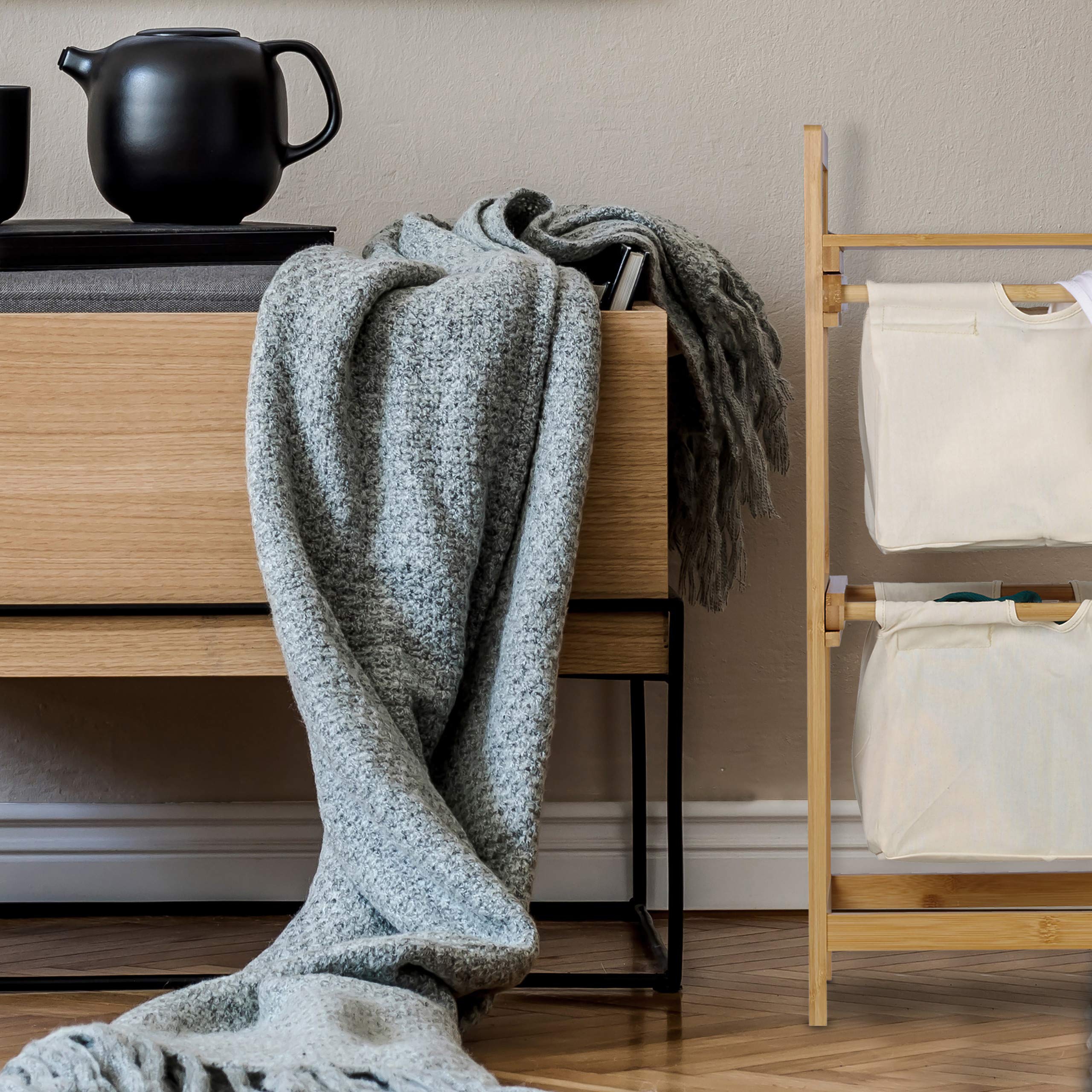 Relaxdays Portabiancheria in Bambù, Contenitore con Ripiano, 2 Cassetti, Estraibili, Trasportabili, 25 L, Legno Naturale