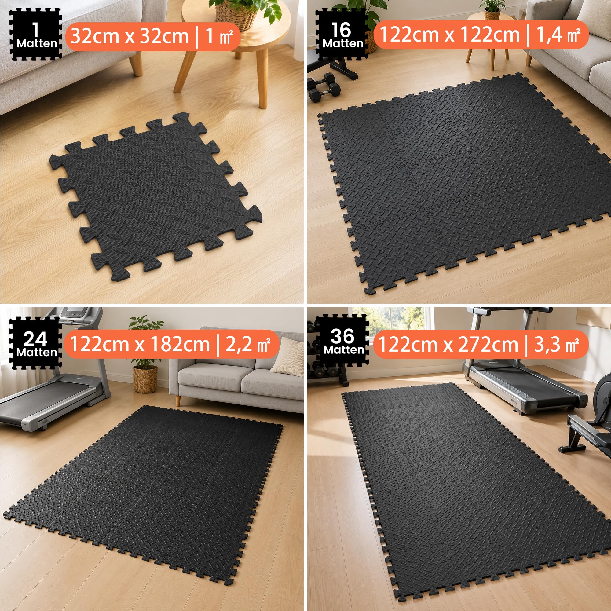 Bodenschutzmatte fitness Set, 16/24/36 Bodenmatte Sportmatte Fitnessmatte Gymnastikmatte, Rutschfeste Schutzmatten Fitnessraum, EVA Fallschutzmatten [31x31cm]