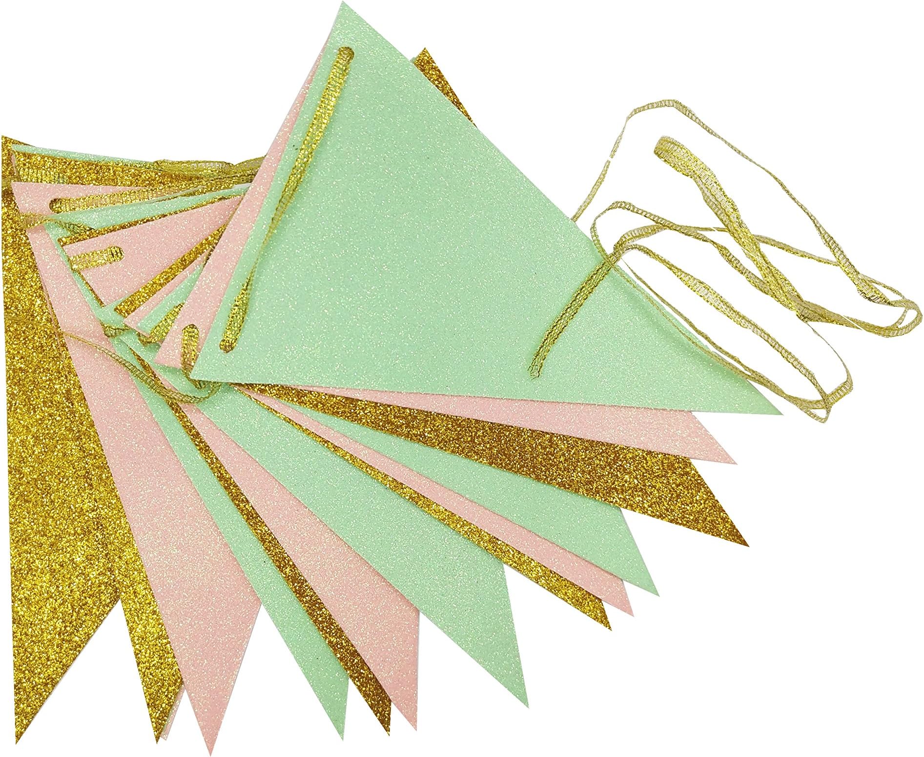 Vintage Style Triangle Flags Bunting Banner Mini Pennants for Newborn Photo Shoot Wedding Birthday Baby Shower Party Banners (10 feet) (Mint Green, Yellow Gold, Peach Pink)