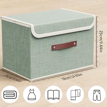 4 Pack Foldable Fabric Storage Boxes with Lids and Handles, Collapsible Wardrobe Organizer & Closet Basket for Clothes, Books, Photos | 38x25x25 cm (Deep Green ko1)
