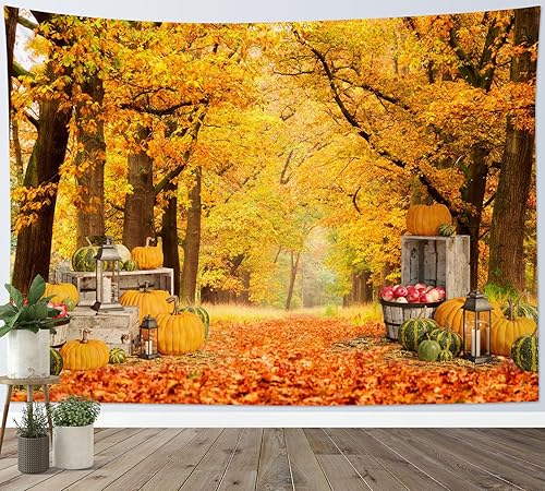 Miniatura 10 de HVEST Tapiz de bosque con temática otoñal, hojas de arce amarillas caídas, decoración de calabaza de día de acción de gracias, temporada de cosecha,