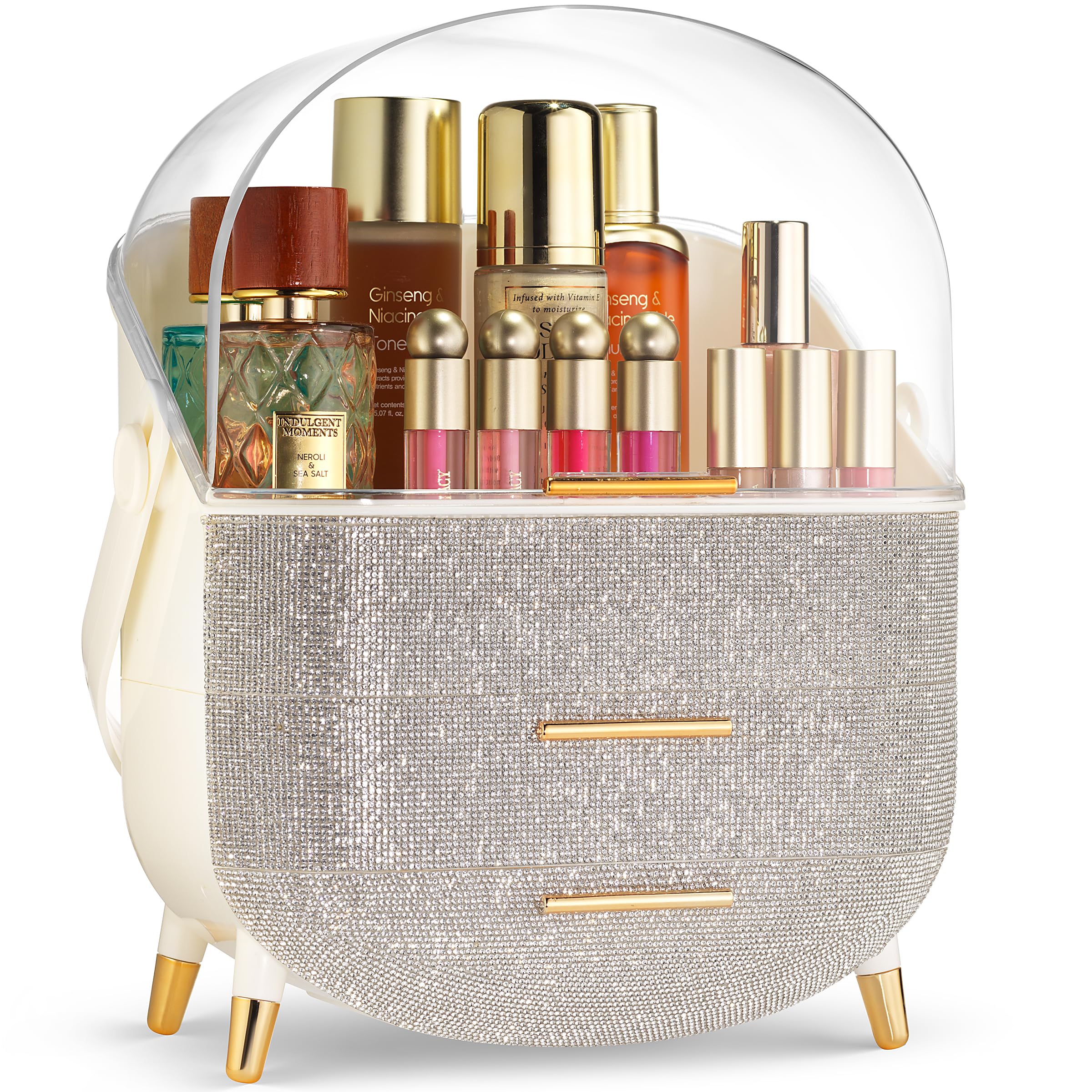 Covered Makeup Cosmetic Countertop - Large Cosmetic Organizer - Trendy Oval Shape Storage for Skin Care Organizer - Clear Lid, Storage Drawers, Carry Handle - Cute Stylish Decor Solution (Diamond)