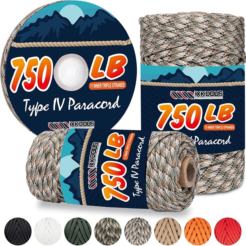 Paracord Cuerda de paracaídas de camuflaje mixto de 750 lb y 120 pies, 100% nailon, 11 hebras, núcleo interno tipo IV, cuerda de paracaídas táctica, equipo de supervivencia exterior para pulseras, cordones, envolturas de mango, camping y senderismo
