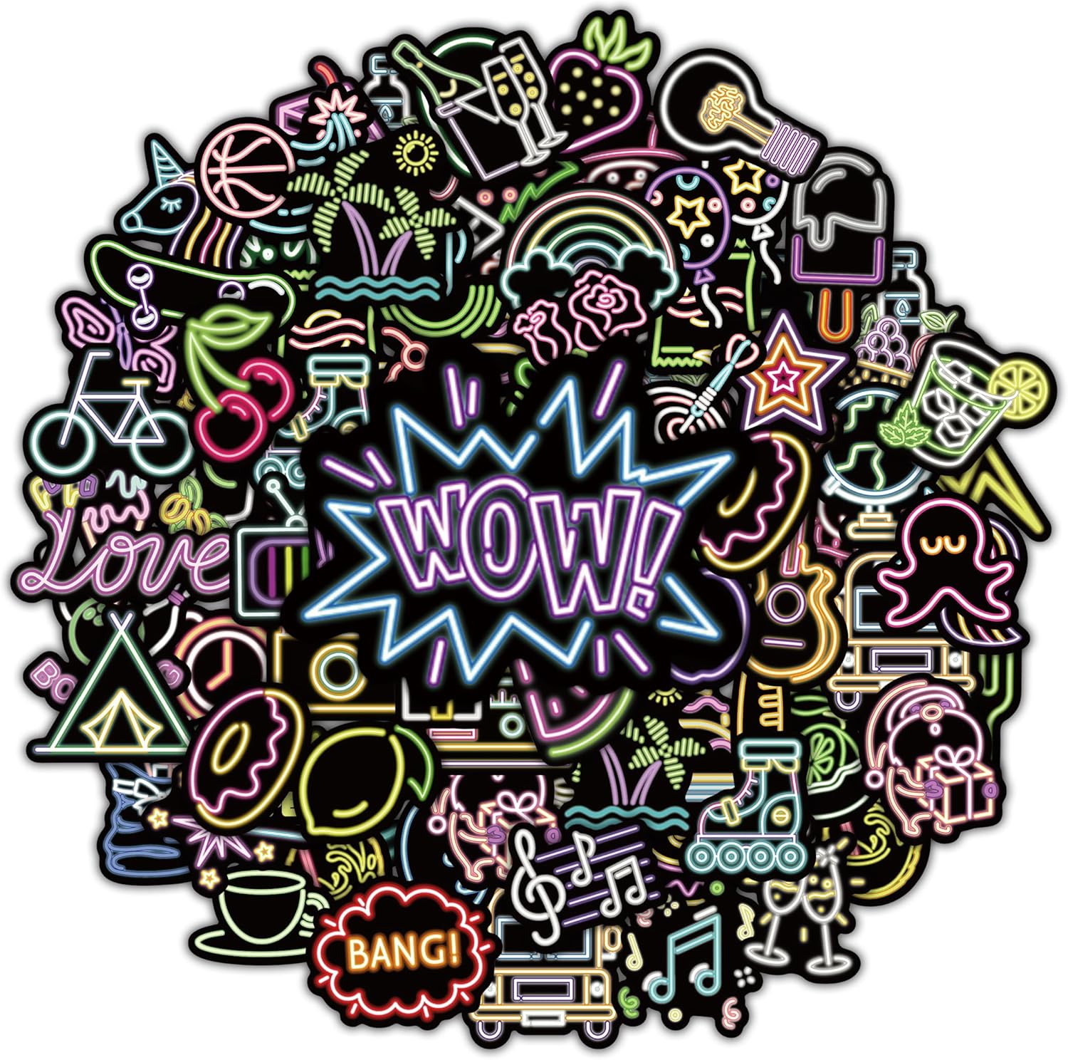 Neon Water Bottle Stickers for Kids, 72 PCS Vinyl Art Waterproof Stickers Pack for Laptop Skateboard Phone Case, Cute Colorful Neon Sticker for Teens