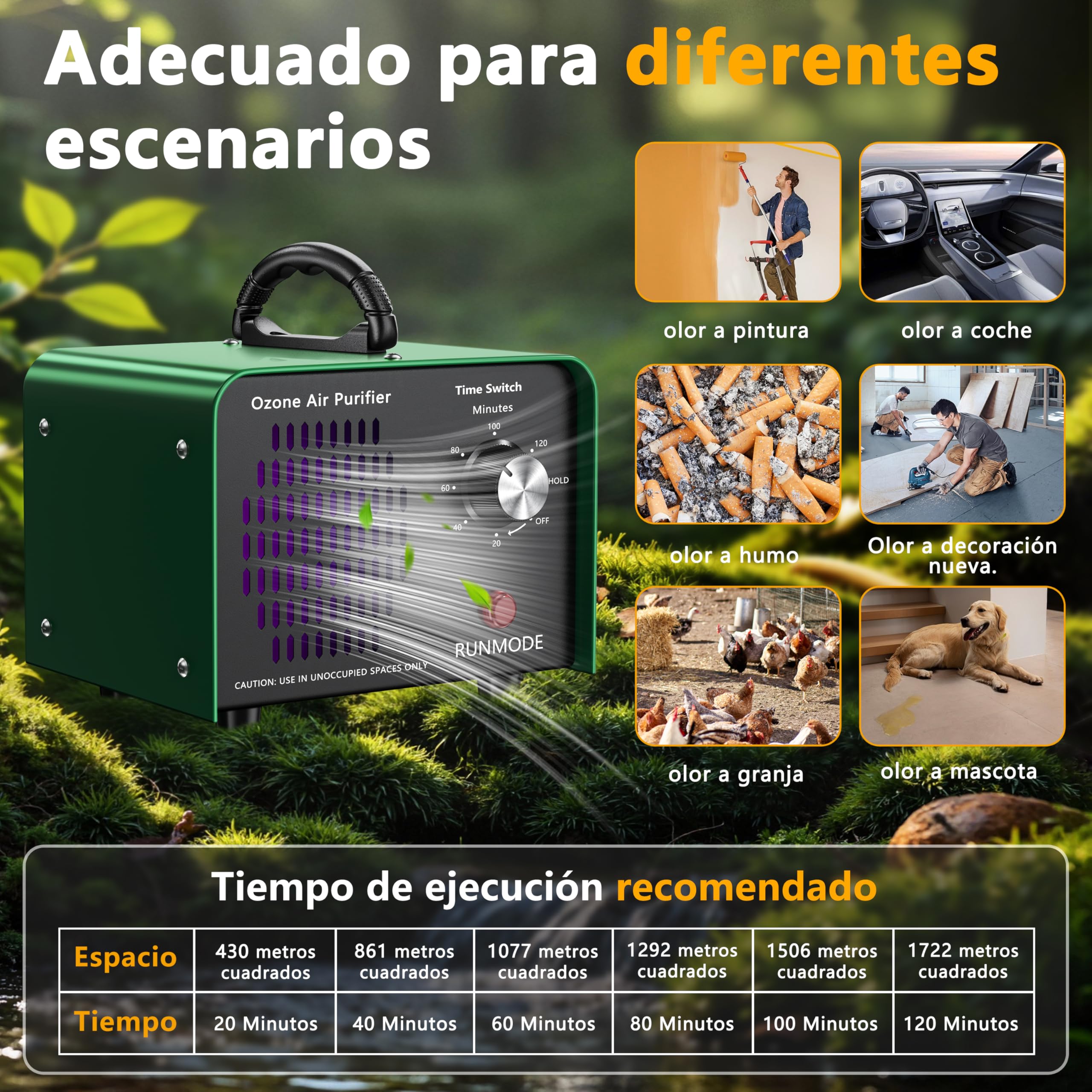 Generador de ozono de 90 000 mg/h con temporizador de 120 minutos, ozonizador de 600 m². Aparato de ozono industrial, ozonizador O3 para el hogar/humo/olores de mascotas/olores de cocina/garaje/hotele
