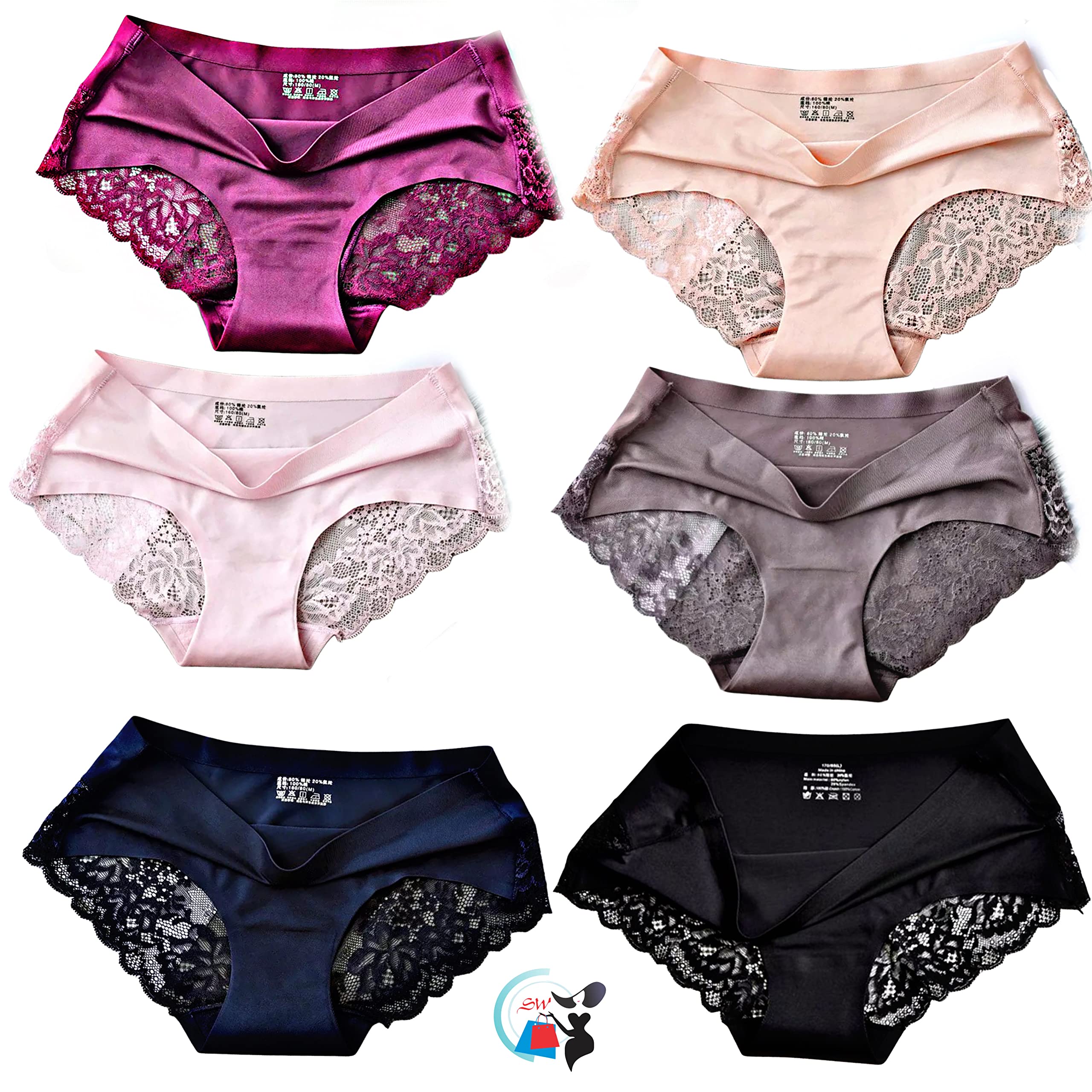 Women's Panties, Panty Set Briefs Underwear 6 PACKS Seamless Ladies Pantie Set, Lingerie with Lace Black,Magenta, Pink,Beige,Navy Blue,Coffee