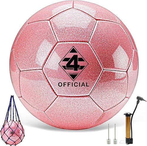 Miniatura 10 de Balón de fútbol rosa morado con purpurina, tamaño 3, 4, 5 con bomba y bolsa de aguja/malla, kit de pelota de fútbol de poliuretano Sofu para