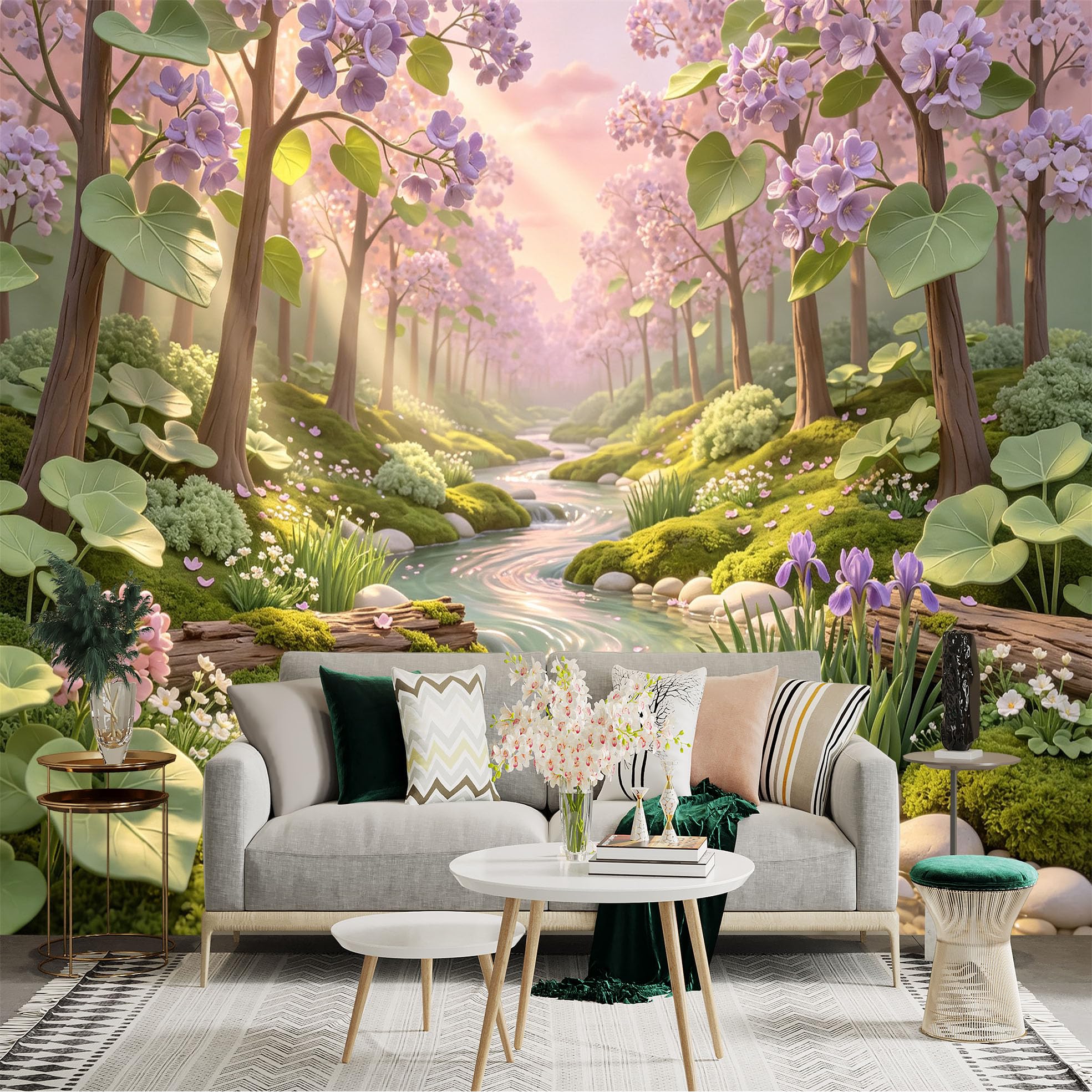 Lnzczhyre Bh260719571 Custom Size Wall Sticker Mural， Dreamy Spring Forest With Flowing Stream， Blooming Purple Flowers， Peaceful Nature Landscape， For Wall Decoration， Peelandstick Wall Decals.