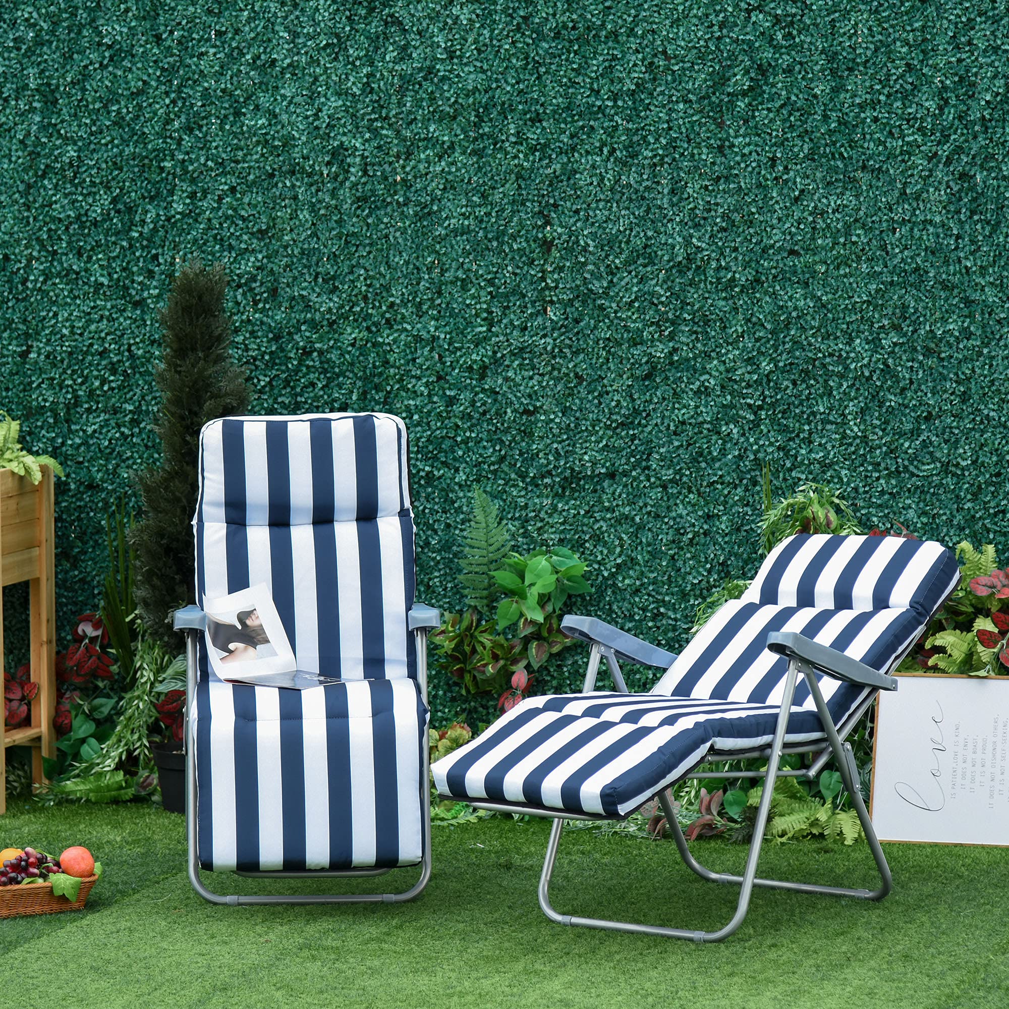 Outsunny Lot de 2 Chaise Longue Bain de Soleil Adjustable Pliable avec Coussin transat lit de Jardin en Acier Bleu + Blanc
