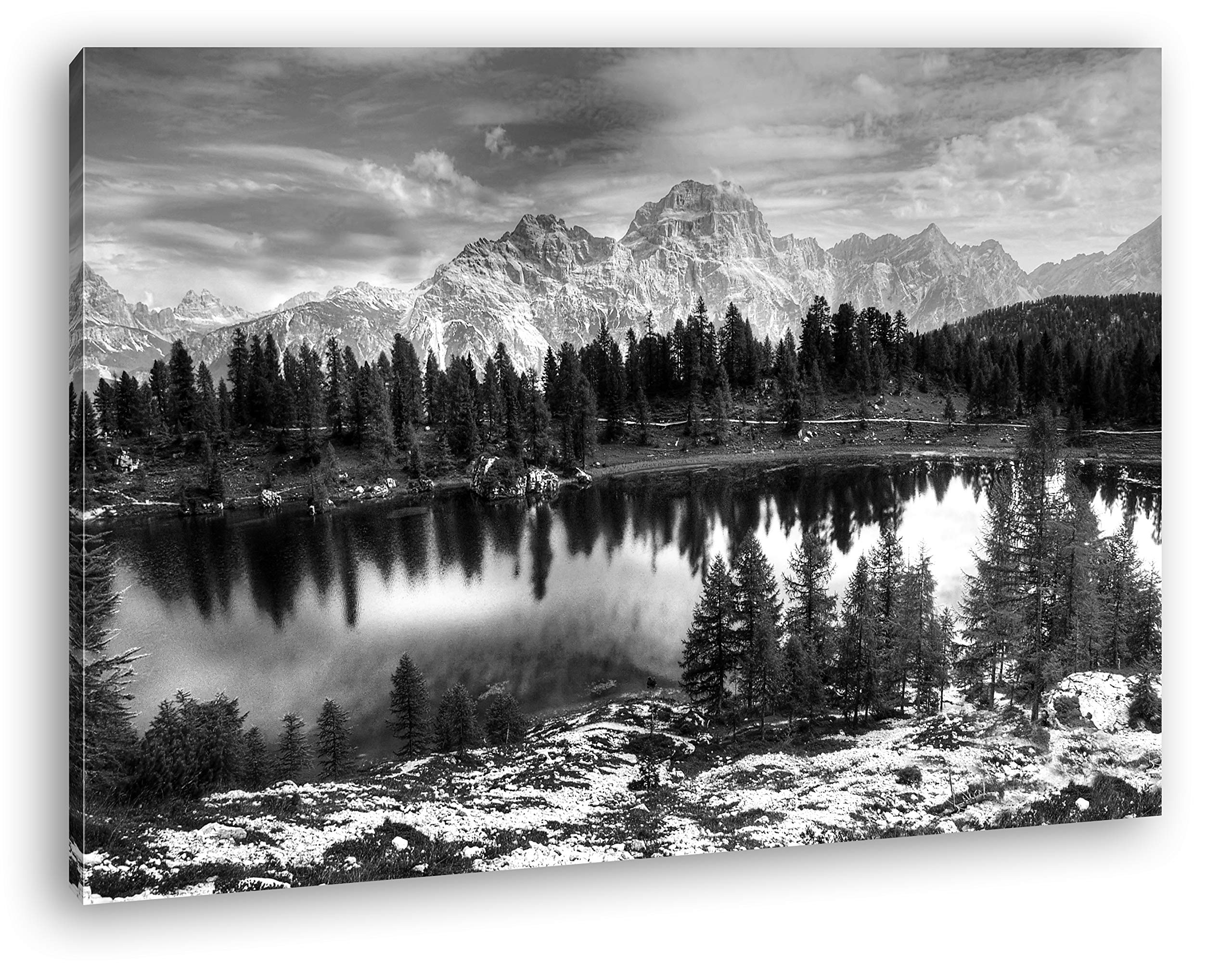 Leinwandbild Zauberhafter See in den Bergen – Stille im Herzen der Natur Format: 120x80 cm Effekt: Schwarz&Weiß XXL Kunstdruck Bild auf Keilrahmen/Wandbild/Wohnzimmer Deko