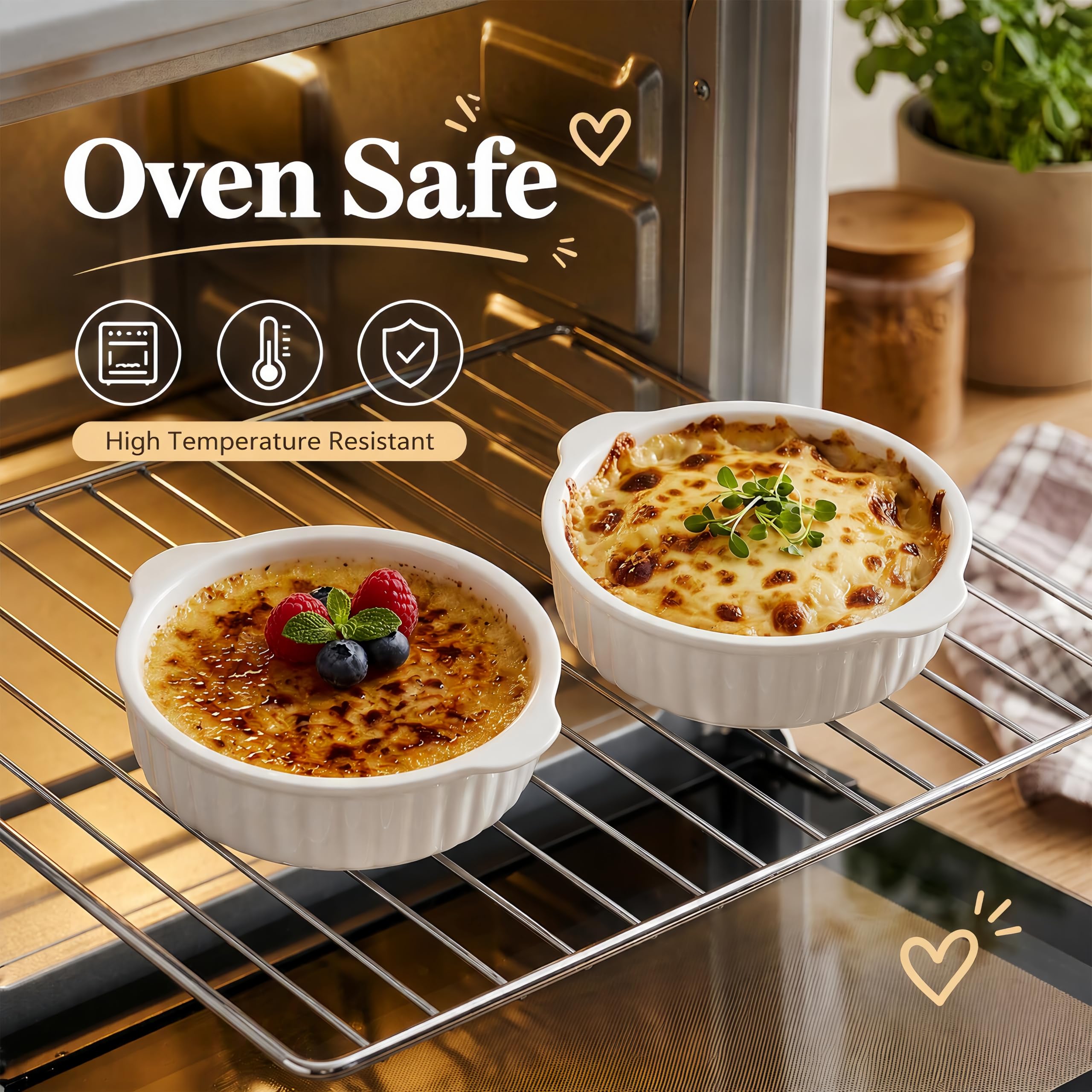 6 Stück Porzellan-Auflaufförmchen mit Griffen, 400 ml, Keramik, Creme-Brulee-Souffle-Backformen, französische Zwiebel-Suppenschalen für Ramen, Eintopf, Lavakuchen, mikrowellengeeignet, weiß