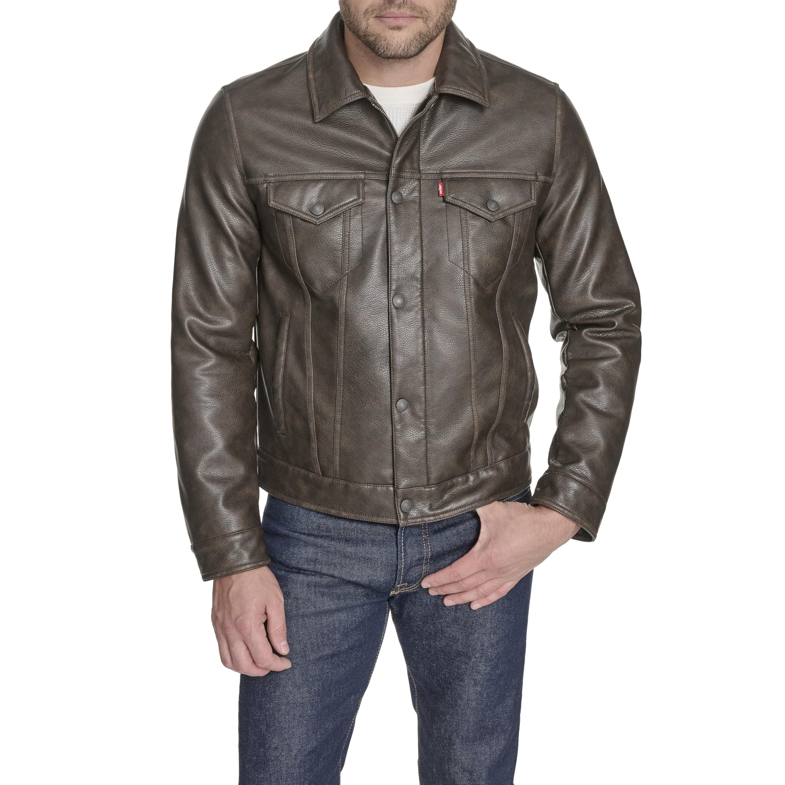 Photo 1 of Levi's Men's Faux Leather Classic Trucker Jacket, Grainy Cow Brown, Medium
