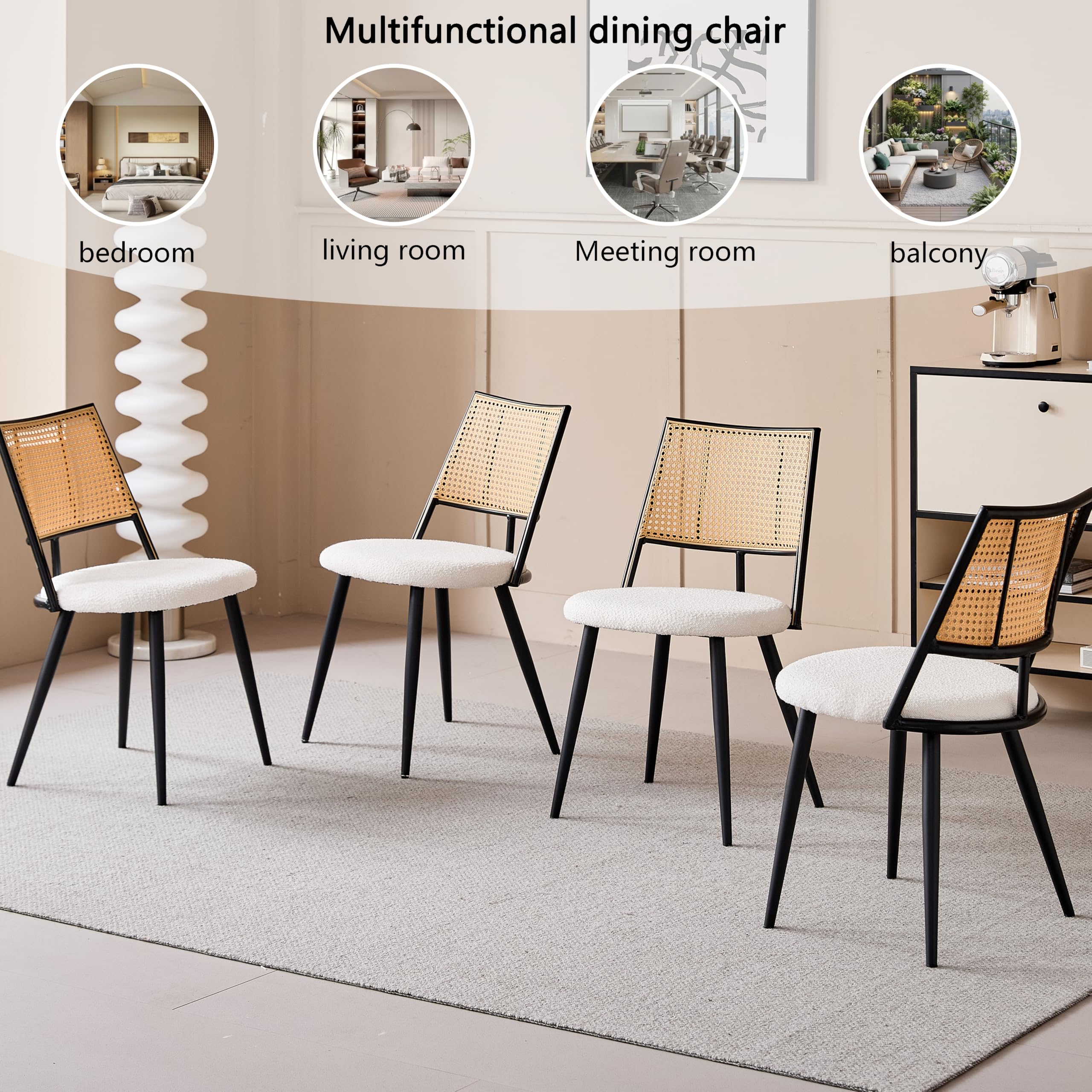 GrandCA HOME Lot de 4 Chaises Assises Rembourrées en Rotin, Structure en Métal Noir et Dossier en Rotin Naturel. Convient pour la Cuisine et Le Salon Salle à Manger #02