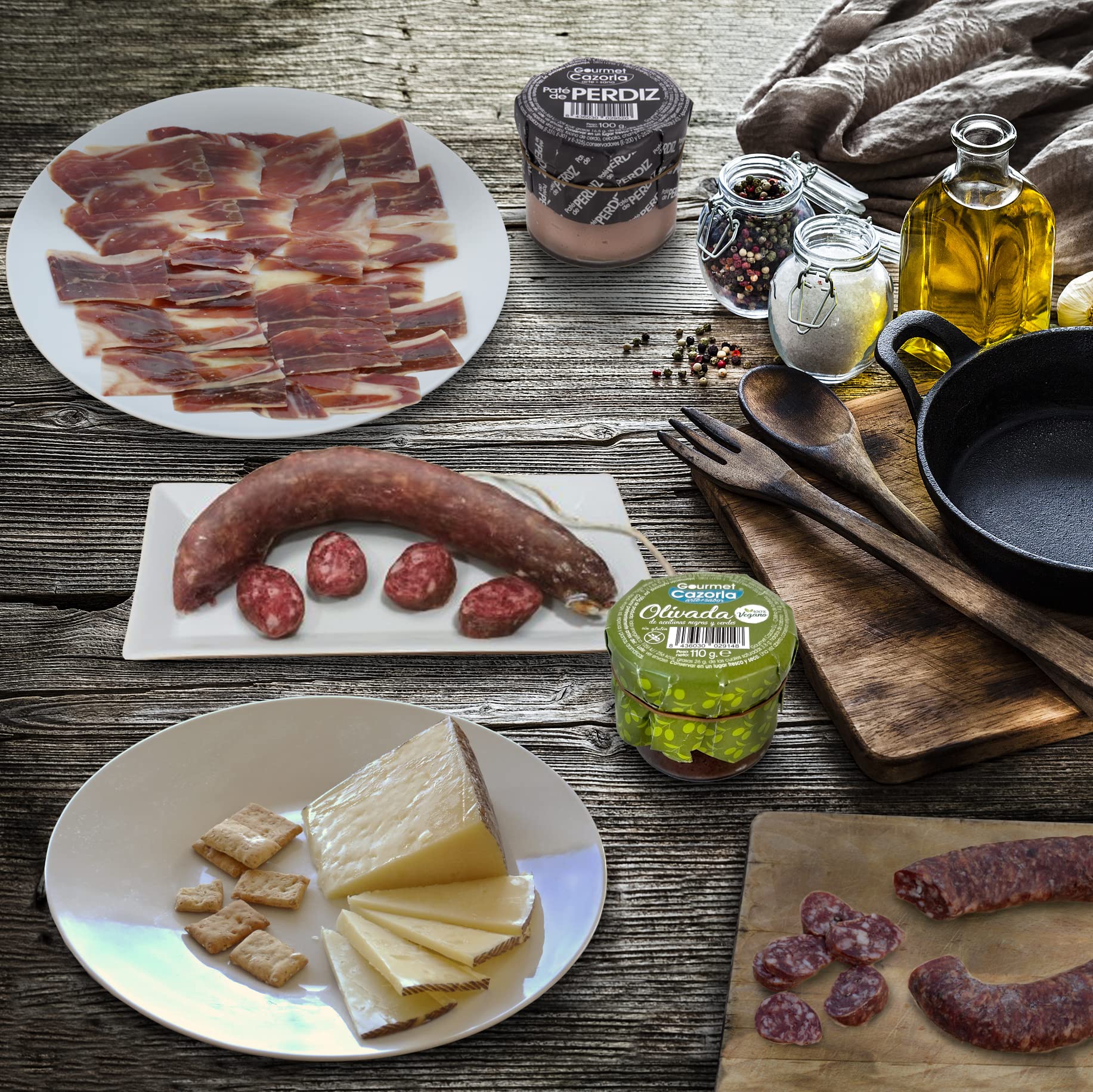 GOURMET BOX | Cesto Gourmet | Regalo per Occasioni Speciali | Prodotti Ibérici Delicatessen, Formaggio Pecorino al 100%, Paté (Olivada e Perdiz), Picos Gourmet e Olio Extra Vergine di Oliva