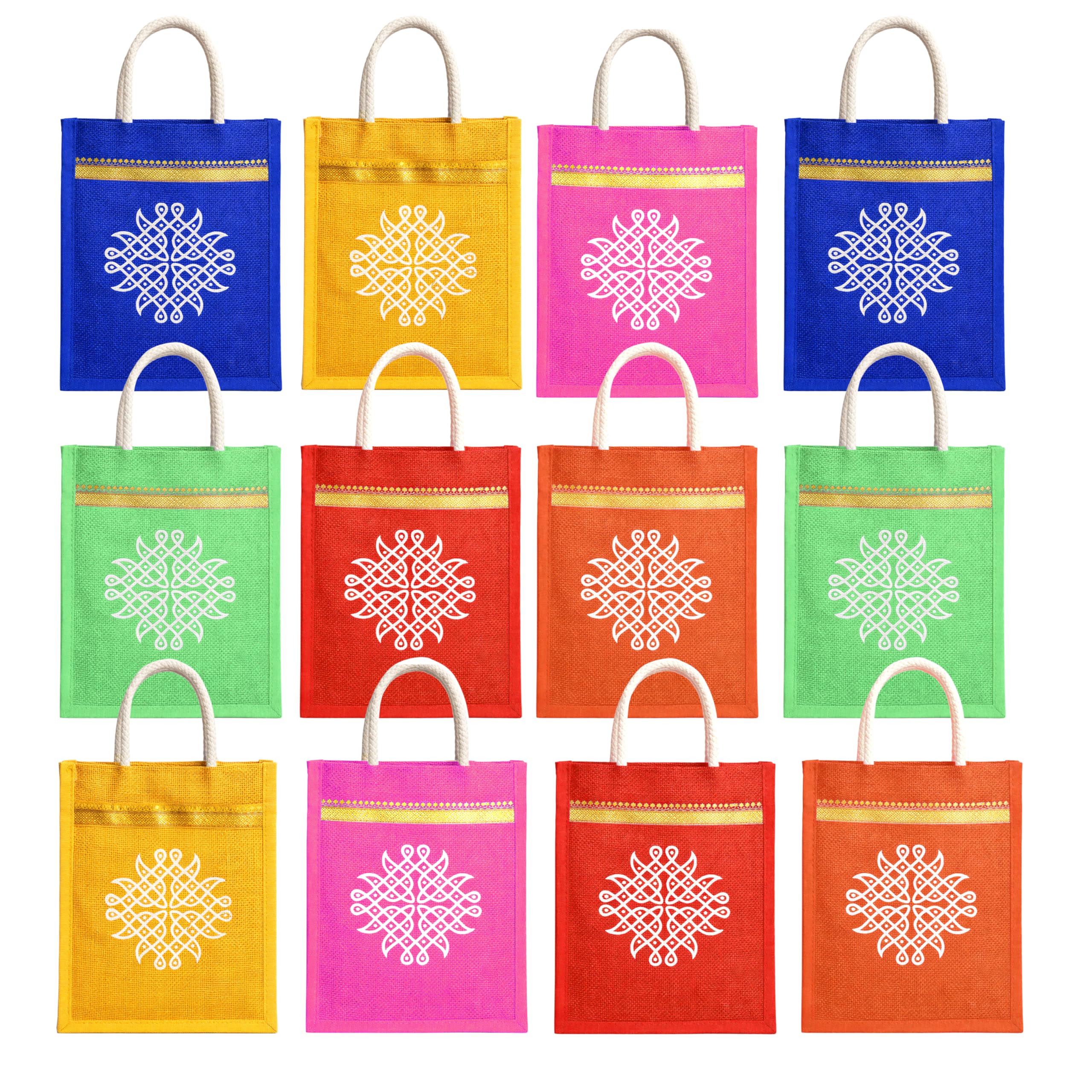 Match Made Jute Bags with Kolam Print Gift Bags with Handle| Reusable Return Gift Bags for Wedding,Pooja & Festivals|Eco Friendly Shopping & Thamboolam Bags|Side cloth Non Woven Fabric Multicolor(12)