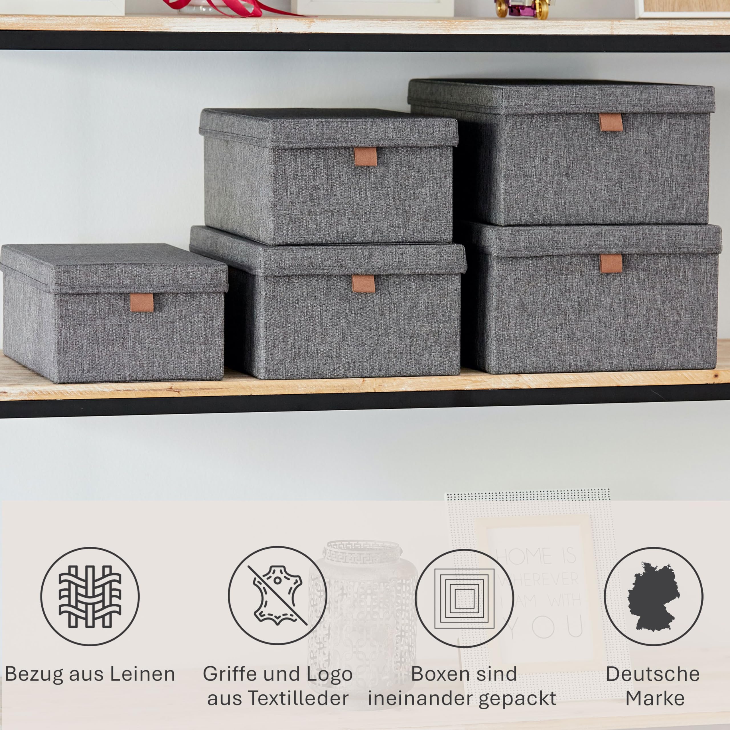 LOVE IT STORE IT Premium Aufbewahrungsbox mit Deckel Stoff 5-teilig - Stapelboxen aus Leinen - Verstärkt mit Karton - Grau - 5er Set, verschiedene Größen | Organizer 5er Set aus Leinen, Verstärkt mit Karton, Stapelbar, 5 Boxen in verschiedenen Größen