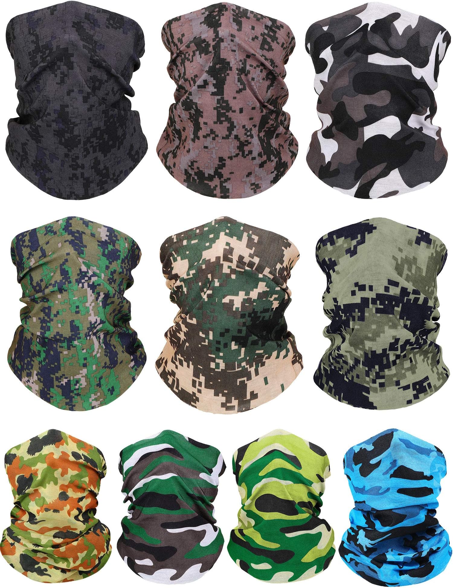 10 Pcs Camo Neck Gaiter Summer Face Mask UV Protection Bandanas for Men Women Sunscreen Breathable Cooling Bandana
