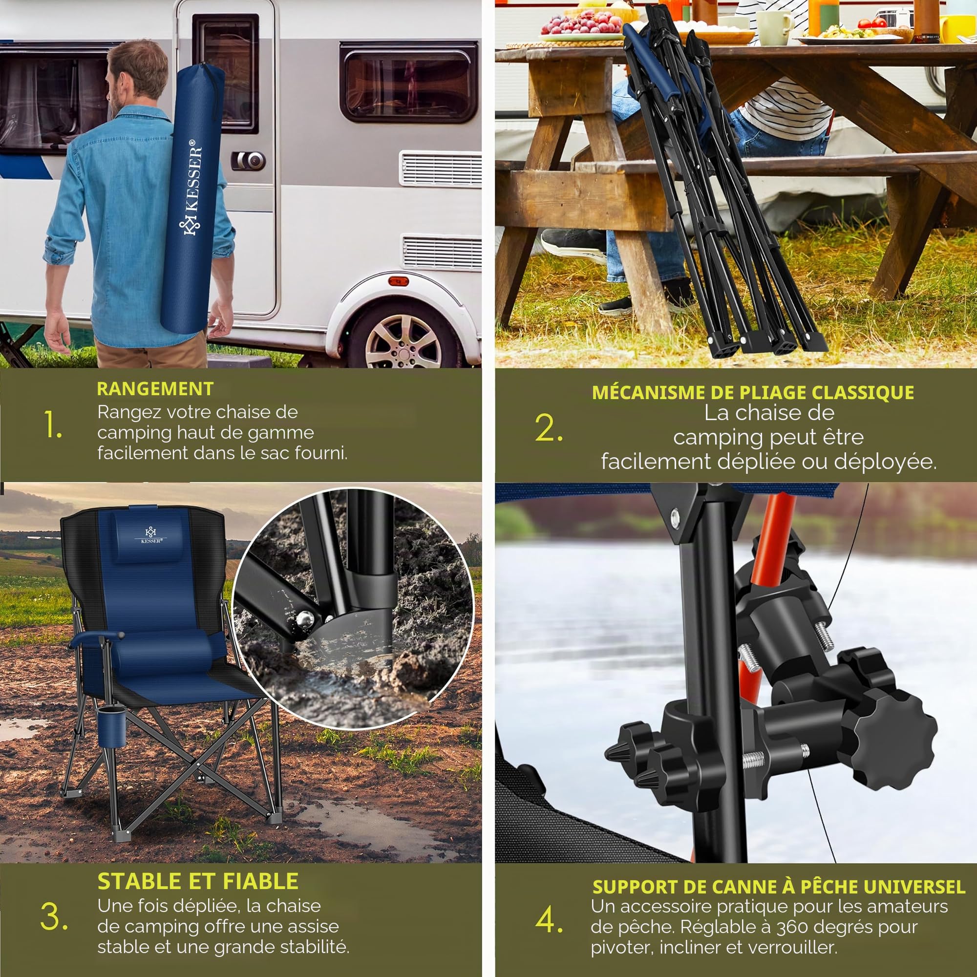 KESSER® Chaise de camping pliable jusqu'à 160 kg | Chaise de pêche pliante rembourrée avec accoudoirs et porte-gobelet + sac à dos | Lumière de camping et chaise de plage avec support de pêche