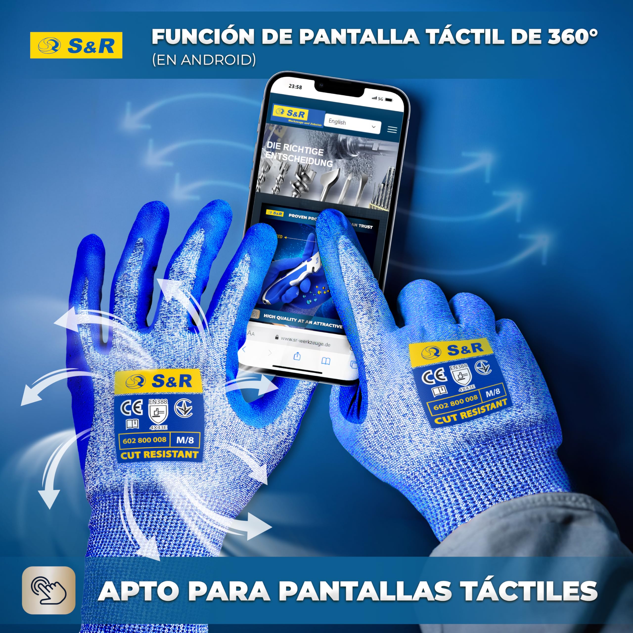 S&R 3 PARES Guantes Anticorte Nivel 5. Guantes de Trabajo Talla L/9 para Jardinería/Cocina. Tejido de Tungsteno y Nitrilo