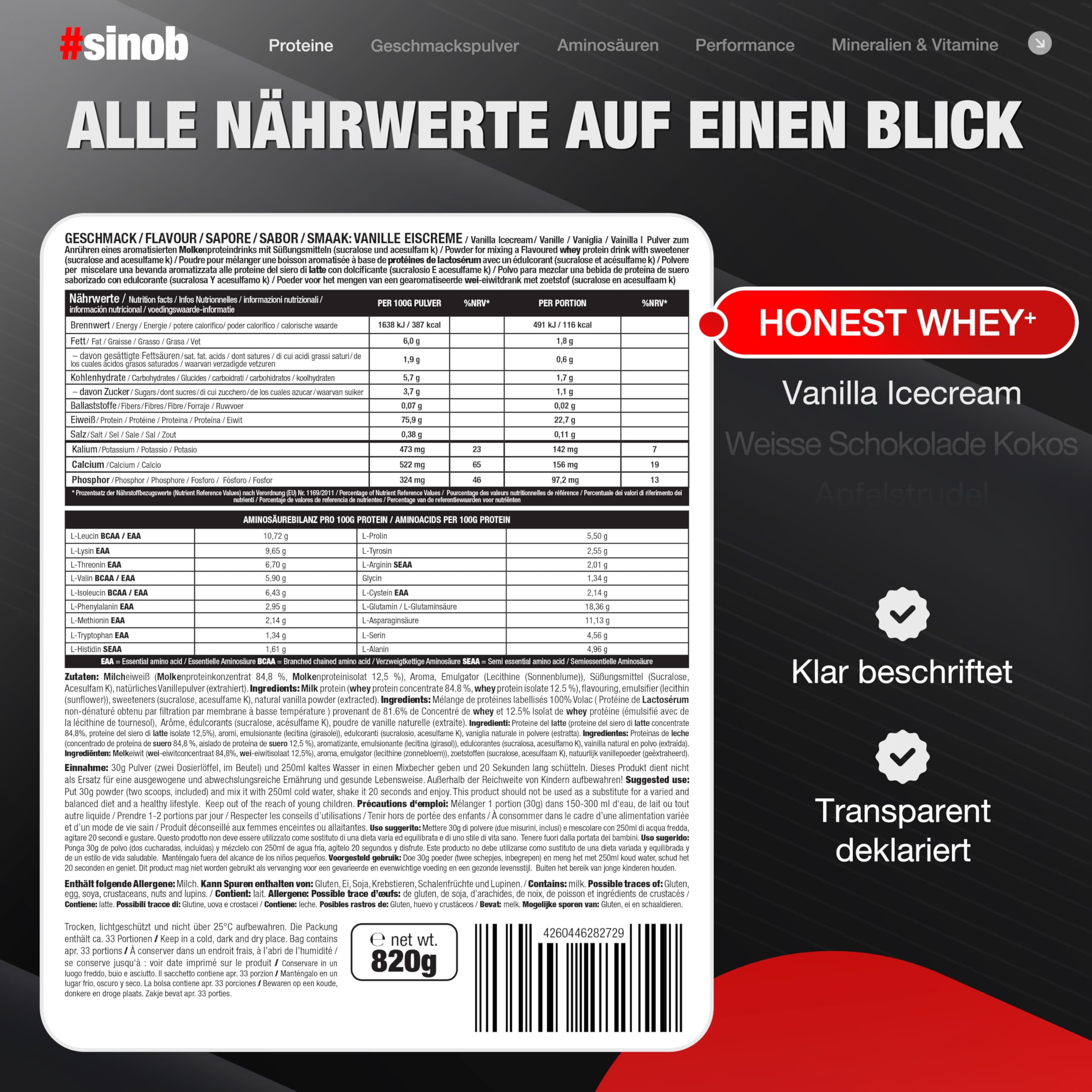 #sinob Honest Whey Vanilla Icecream 820 g | Grass Fed Whey Protein Pulver | Aus irischer Weidemilch | Mit Sonnenblumenlecithin statt Sojalecithin