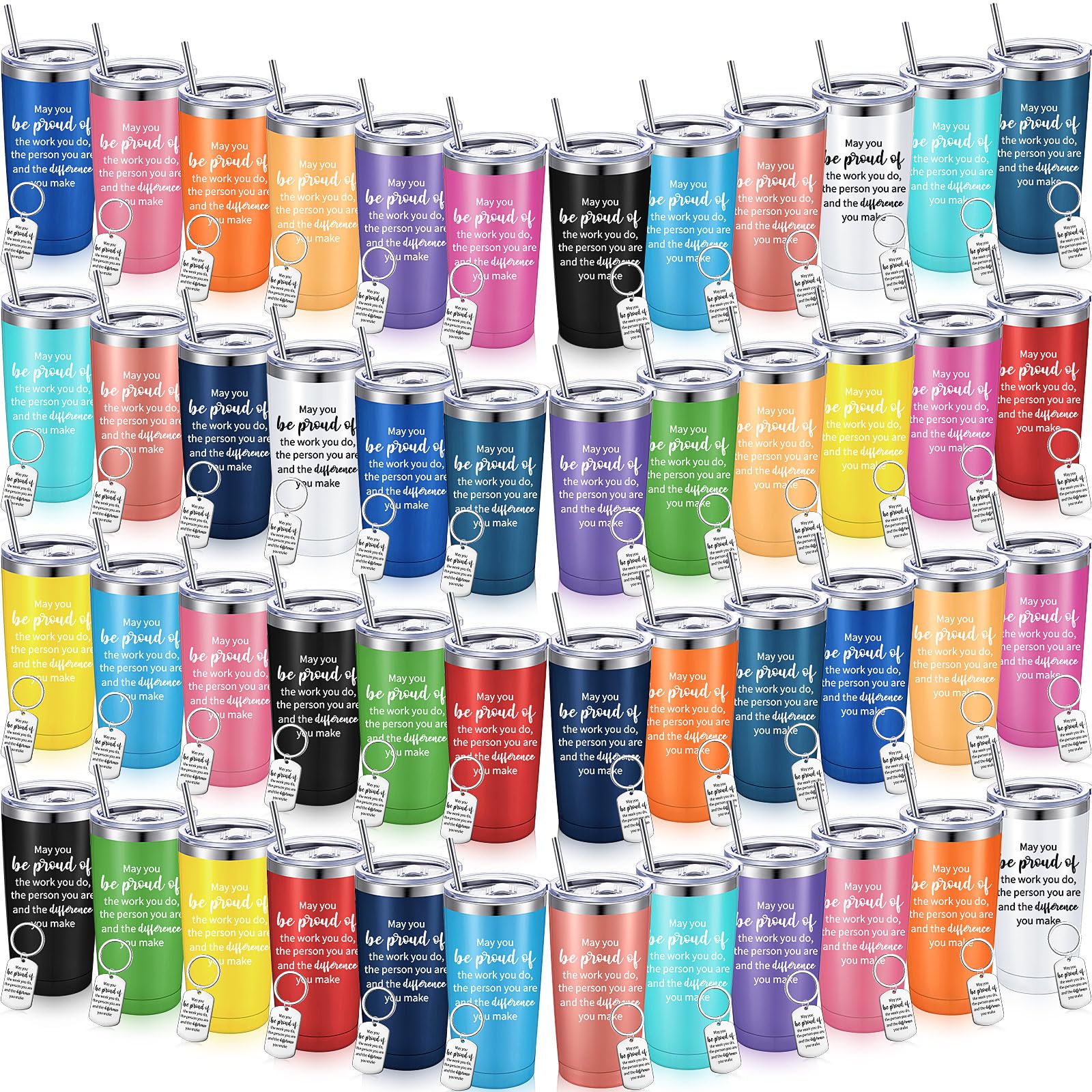 Gobelets isothermes acier inoxydable anti-fuite 591 ml | Lot de 48 avec porte-clés