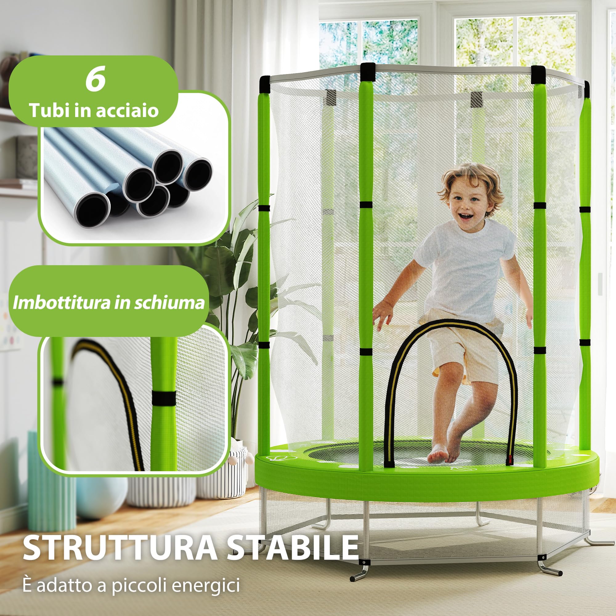 AIYAPLAY Trampolino Elastico per Bambini Ø140 cm con Rete di Sicurezza, Tappeto Elastico per Bimbi da 3-6 Anni con Disegni, per Interno ed Esterno, Verde