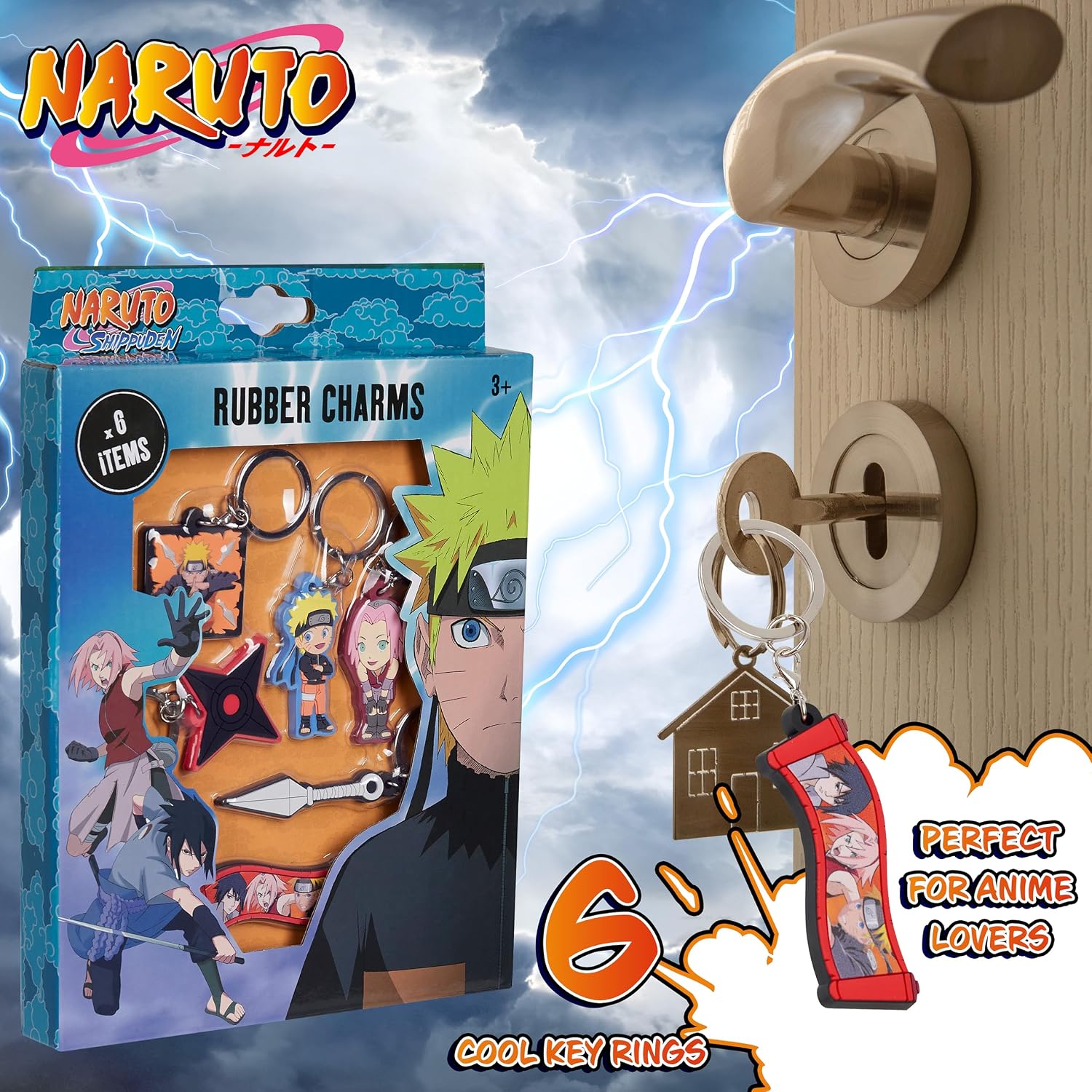 Naruto Wallet and 4 Keyrings or 6 Keychain Set for Boys Girls Trifold Wallet Zippered Coin Pocket Anime Gift for Kids (Multi Keyrings Set)