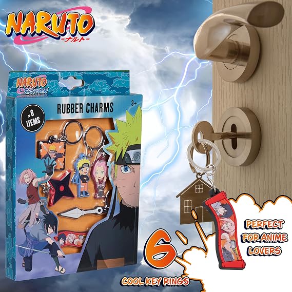 Naruto Wallet and 4 Keyrings or 6 Keychain Set for Boys Girls Trifold Wallet Zippered Coin Pocket Anime Gift for Kids (Multi Keyrings Set)
