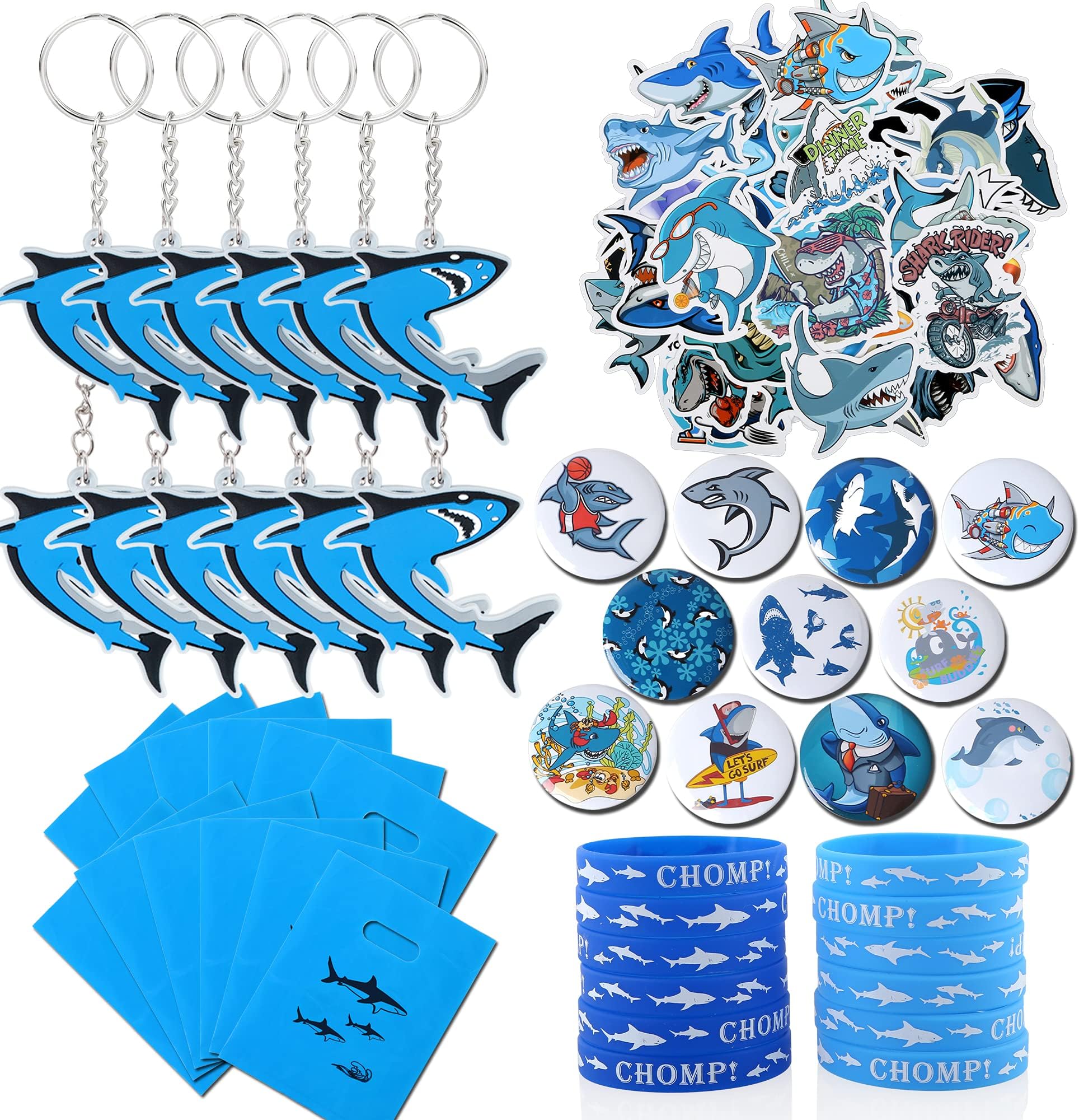 98 Pieces Shark Party Favors，Shark Keychain Goodie Bags with Rubber Bracelets, Shark Button Pins, Shark Bags and Shark Stickers for Shark Theme Birthday Party Baby Shower Holiday