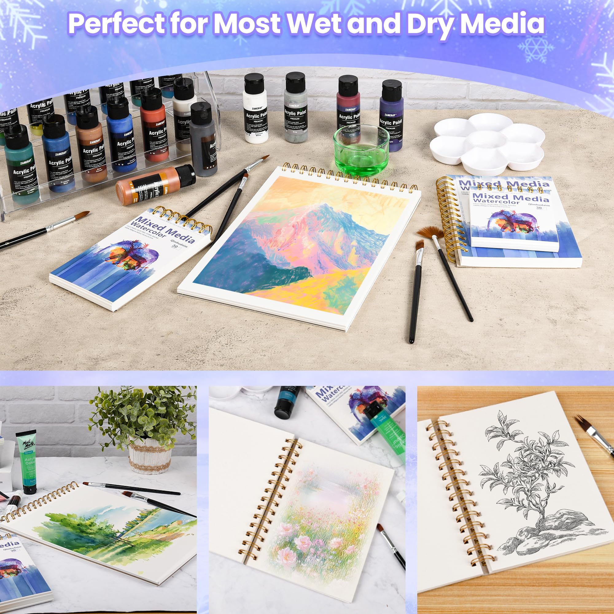 Qlmhudam Watercolor Paper Pad 8" x 11" - Heavyweight and textured paper Sketchbook,Spiral Bound, 20 Sheets 140lb/300g sketch pad, Watercolor Sketchbook for Wet & Dry Media,Drawing ,& Painting Journals