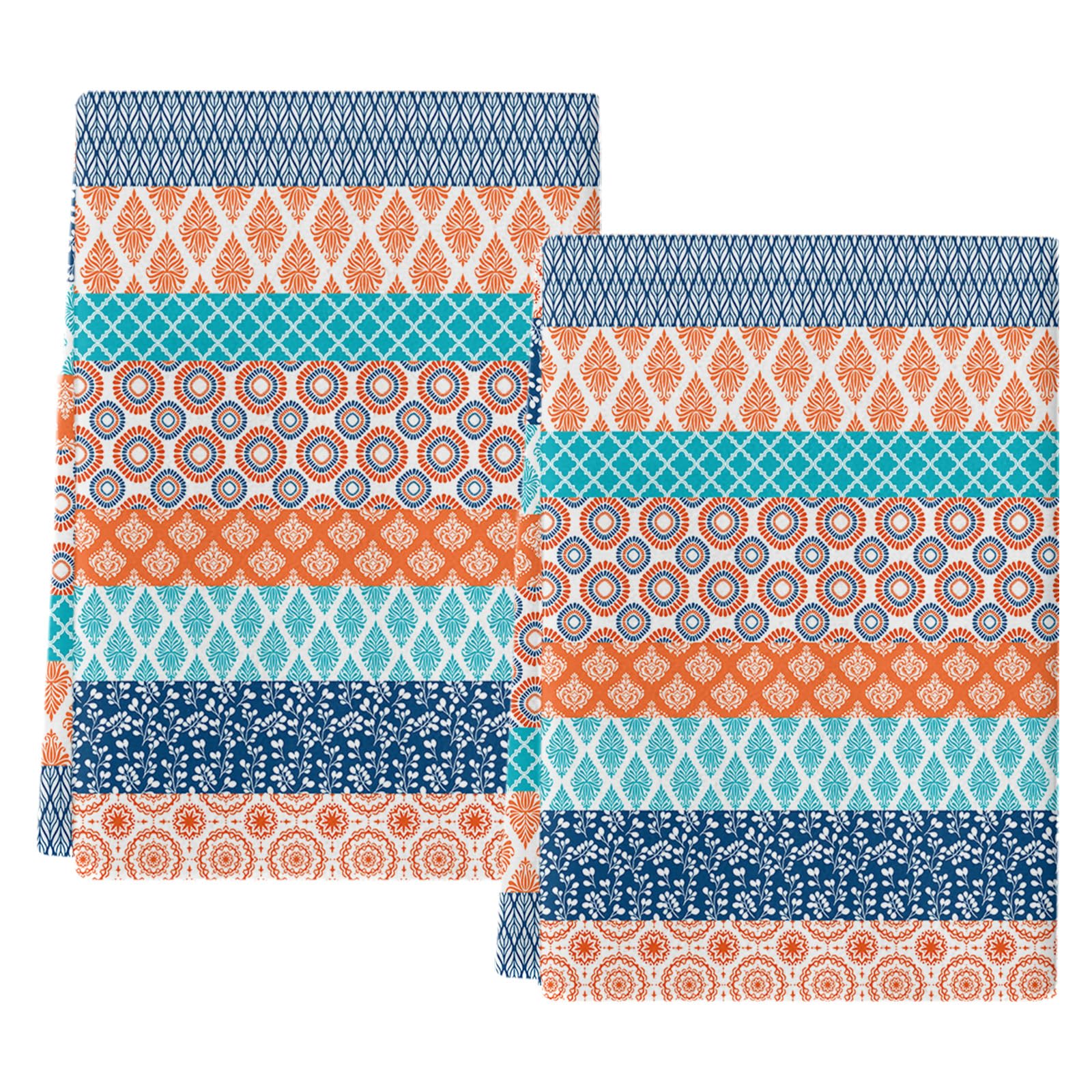 Pengeelia Bohemia Orange Teal Blue Kitchen Towels for Home Decor 2pcs Microfiber Absorbent Dish Towels, Boho Geometric Stripes Soft Hand Towels for