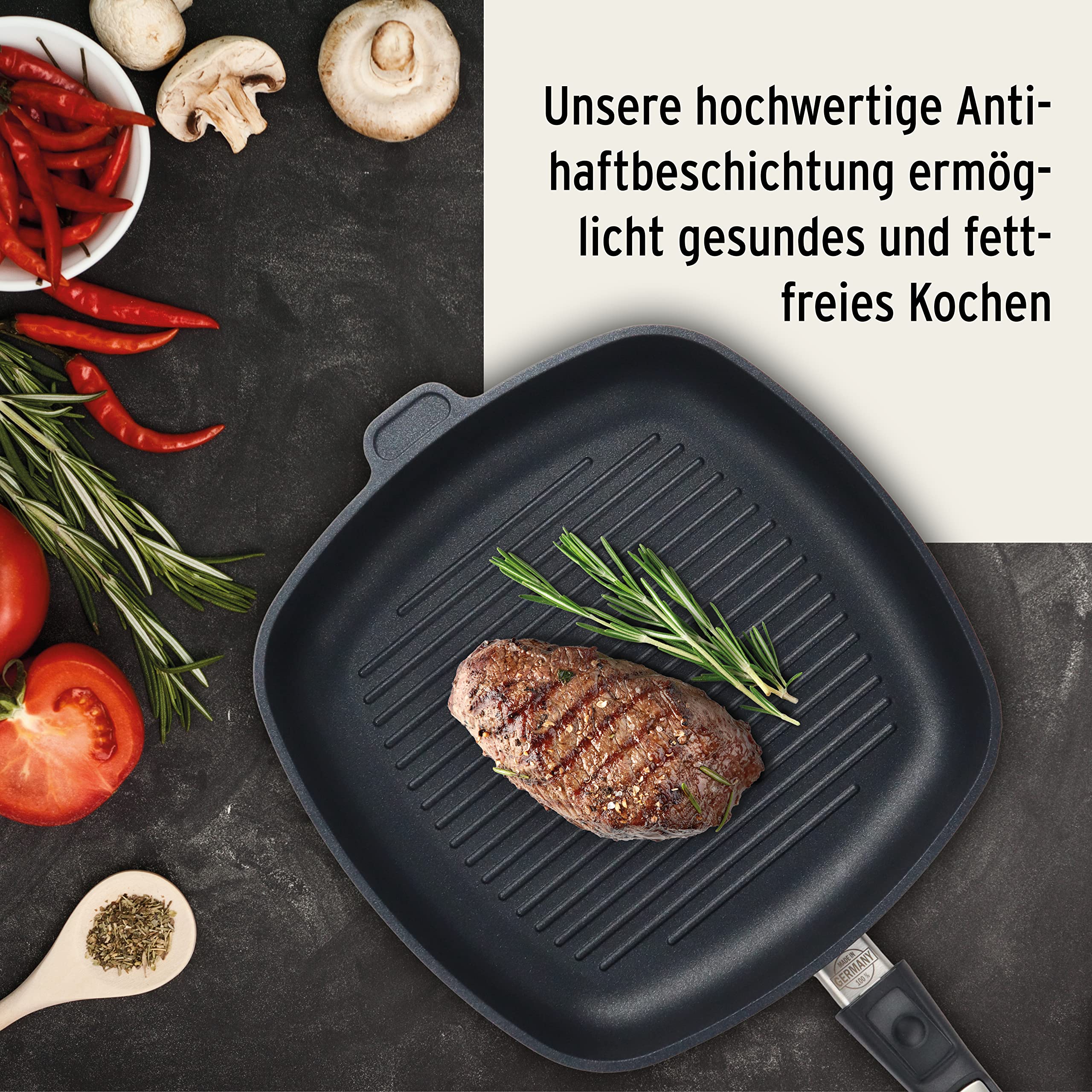 Grillpfanne Induktion 28 x 28 x 5 cm I Handmade in Germany I Für alle Herdarten geeignet I abnehmbarer Stiel I Gleichmäßige Hitzeverteilung I Einfache Reinigung