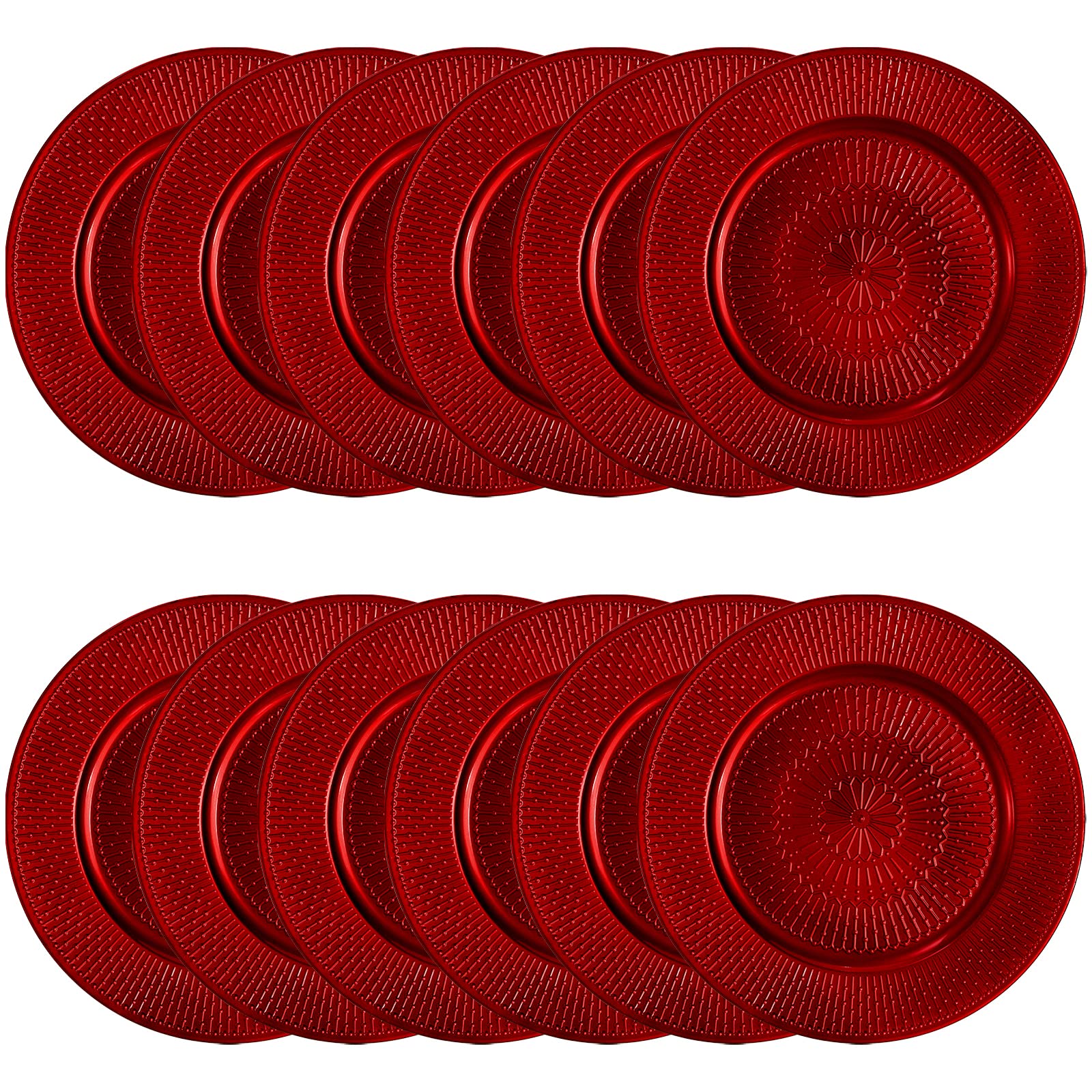 DEAYOU 12 Pack Round Charger Plates, 13-inch Red Beaded Chargers for Dinner Plates, Plastic Reusable Charger Plates, Decorative Wedding Charger Platters for Table Setting, Serving, Christmas, Party