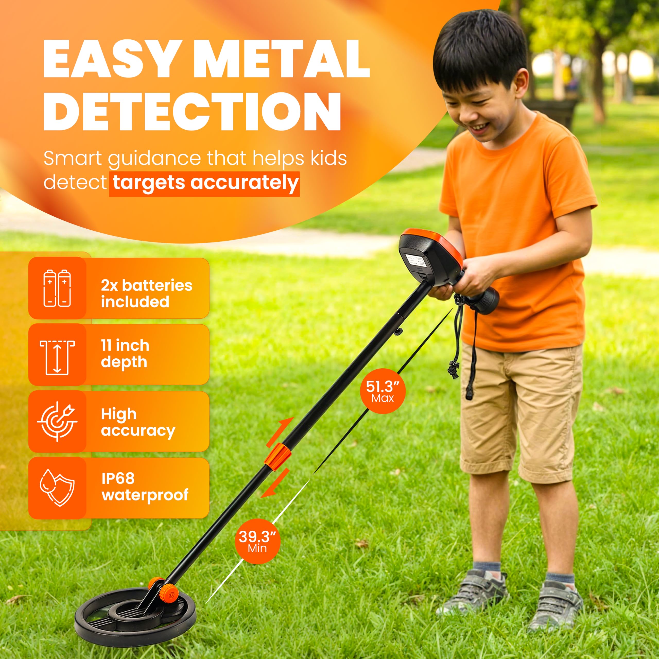 Detector de metales para niños – Detector de metales inalámbrico con bobina impermeable, longitud ajustable, rastrillo de mano de 3 puntas y paleta para detectar objetos pequeños de hasta 4