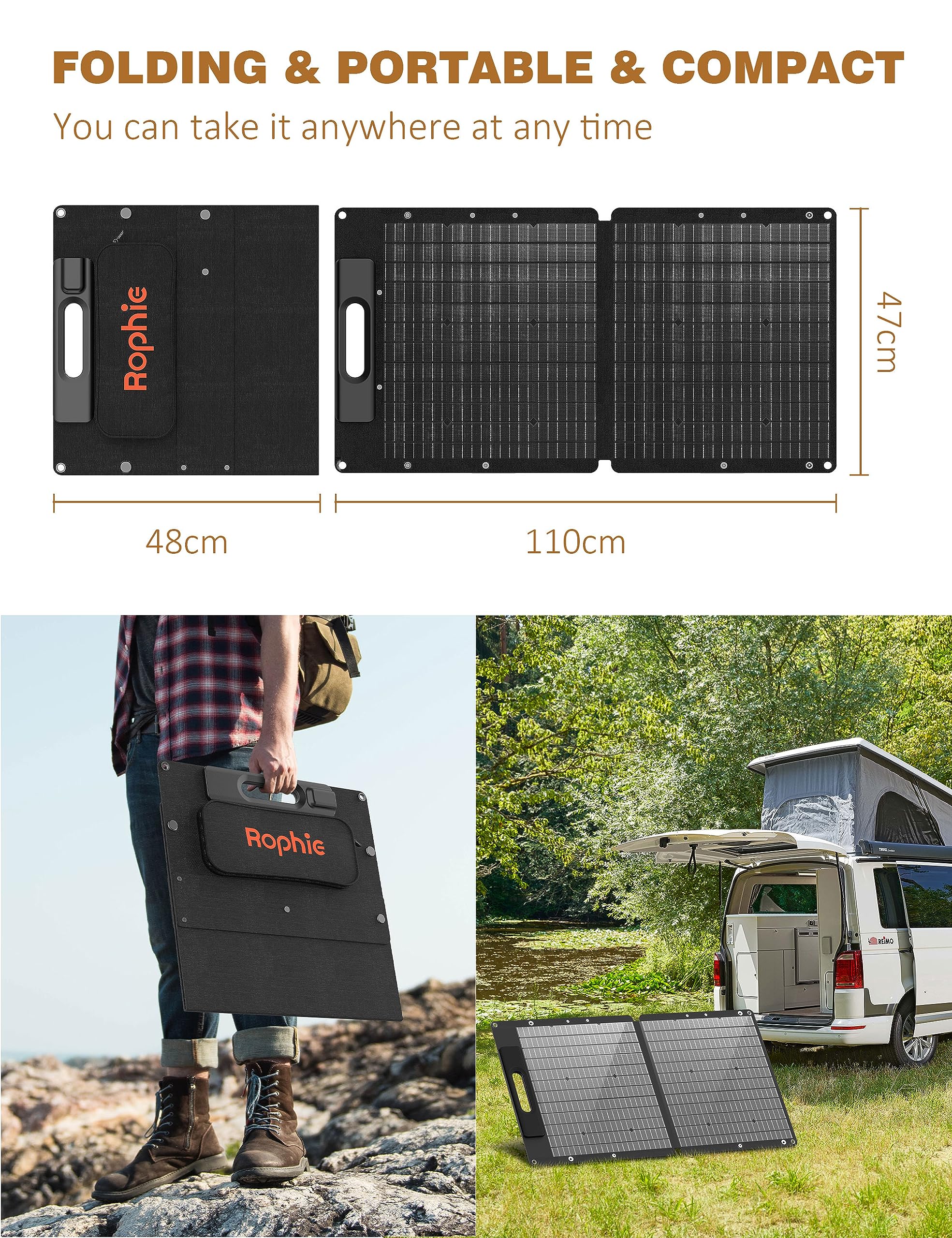 Rophie Składany panel słoneczny 60 W, przenośny monokrystaliczny panel słoneczny z wyjściem USB/typ C/DC 1,8 kg, ultralekki, IPX67 na kemping, podróż, do ogrodu, na balkon