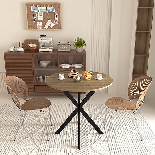 Vista 4 de 31.5 Inch Round Dining Table, Small Circle Kitchen Table with Metal Black Legs for 2 4 People,Dining Room Table, Brown (only Table) EO124