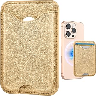 Compatible with Magsafe Wallet Magnetic Card Holder - Glitter Bling Gold Phone Wallets for Women Teen Girls for iPhone 17/16/15/14/13/12 Series Slim for Apple Mag RFID Magnet, Fit 3 Cards