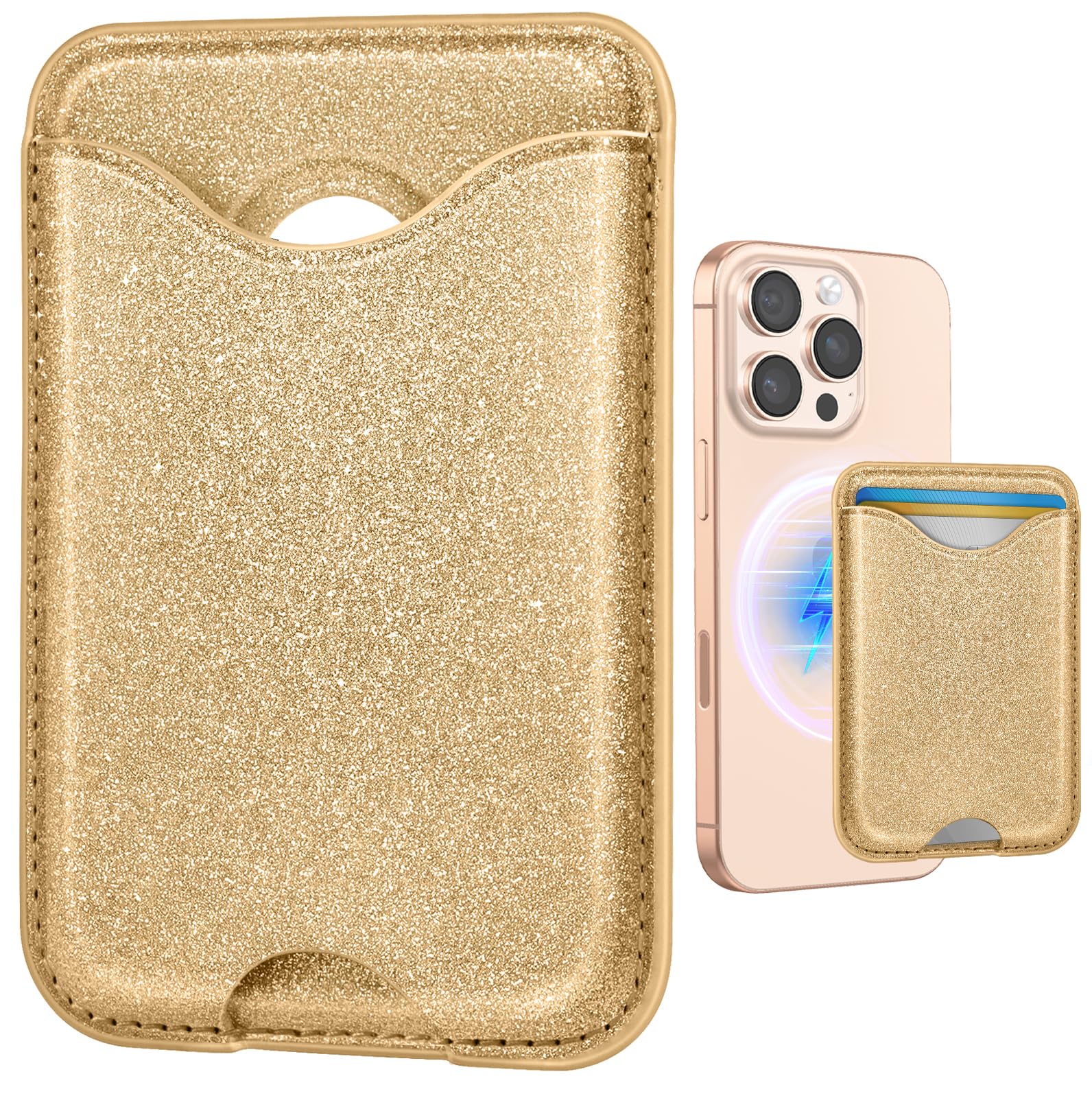 Shorogyt Compatible with Magsafe Wallet Magnetic Card Holder - Glitter Bling Gold Phone Wallets for Women Teen Girls for iPhone 16/15/14/13/12 Series Slim for Apple Mag RFID Magnet, Fit 3 Cards-image-32